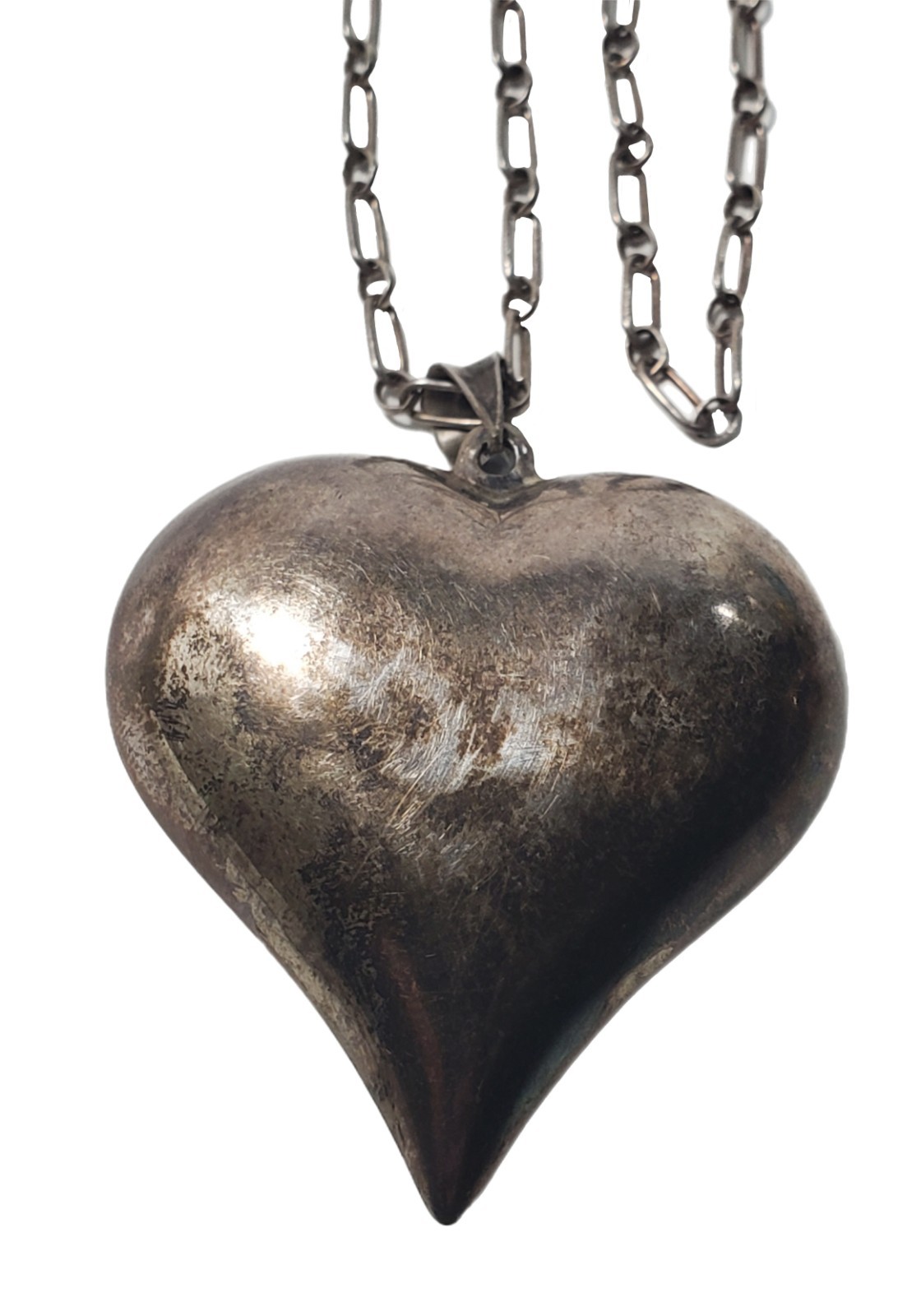 Vtg Sterling Silver 1¾” Puff Heart Necklace W/ Oval Chain Link Overhead Patina