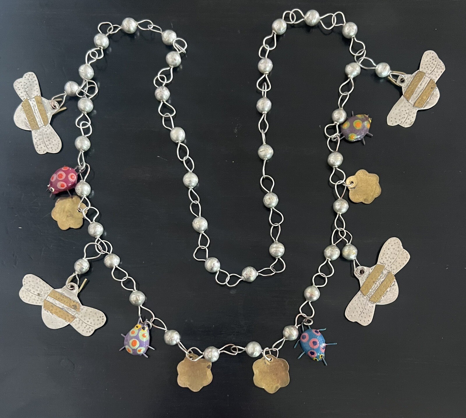 Vintage Mexican Wedding Necklace Ladybugs Bees Milagros Charms Silver Brass