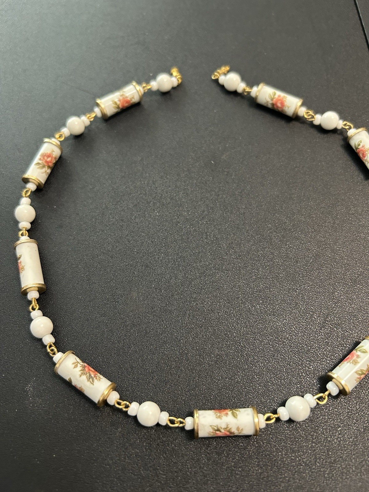 Vintage Porcelain Necklace with A Gold-tone Finish and Floral Accents. See Pics