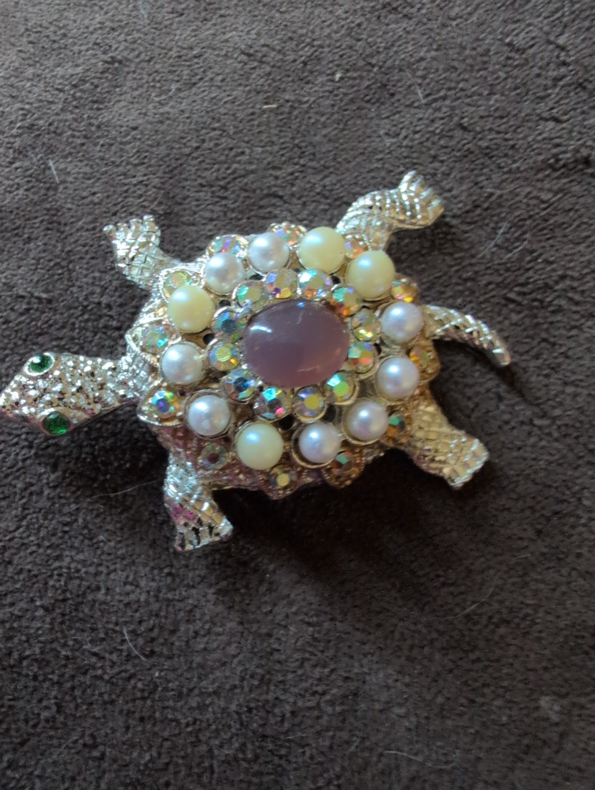 Vintage Turtle Brooch Pin Silver Tone 2.25″ Rhinestone , Pearl, AB