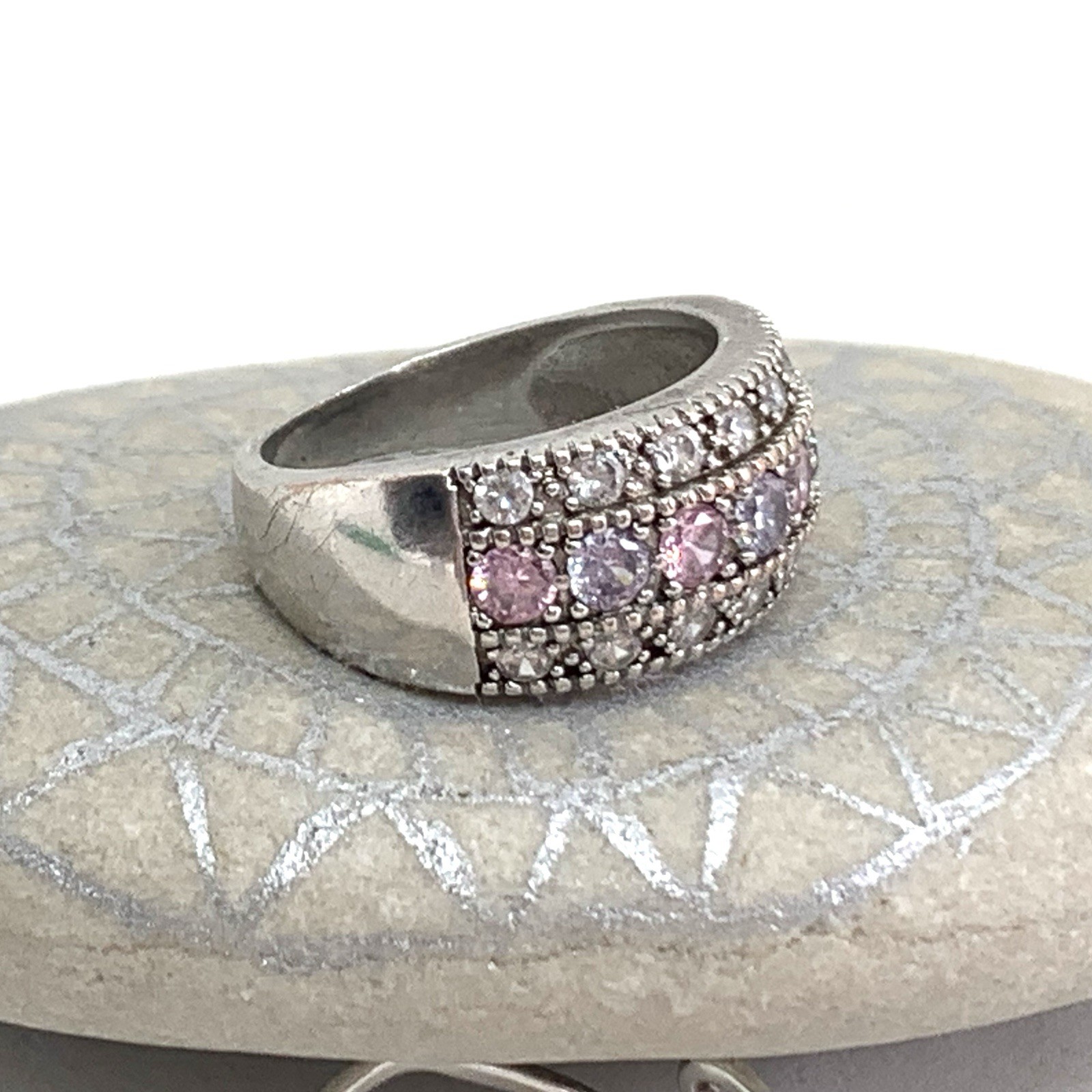 925 Sterling Silver Pink Light Purple White Topaz Three Row Band Ring Sz 6.25