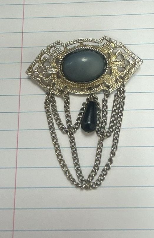Vintage Filigree Brooch w/ Black Center Faux Stone & Chain Dangle