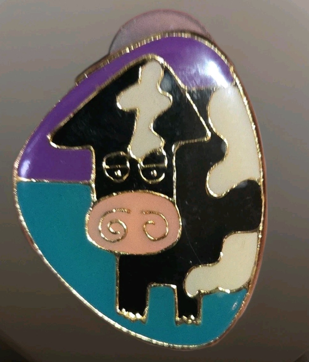 Whimsical Cow Stud Earrings Gold Tone Black Spotted Cow Resin Over Enamel