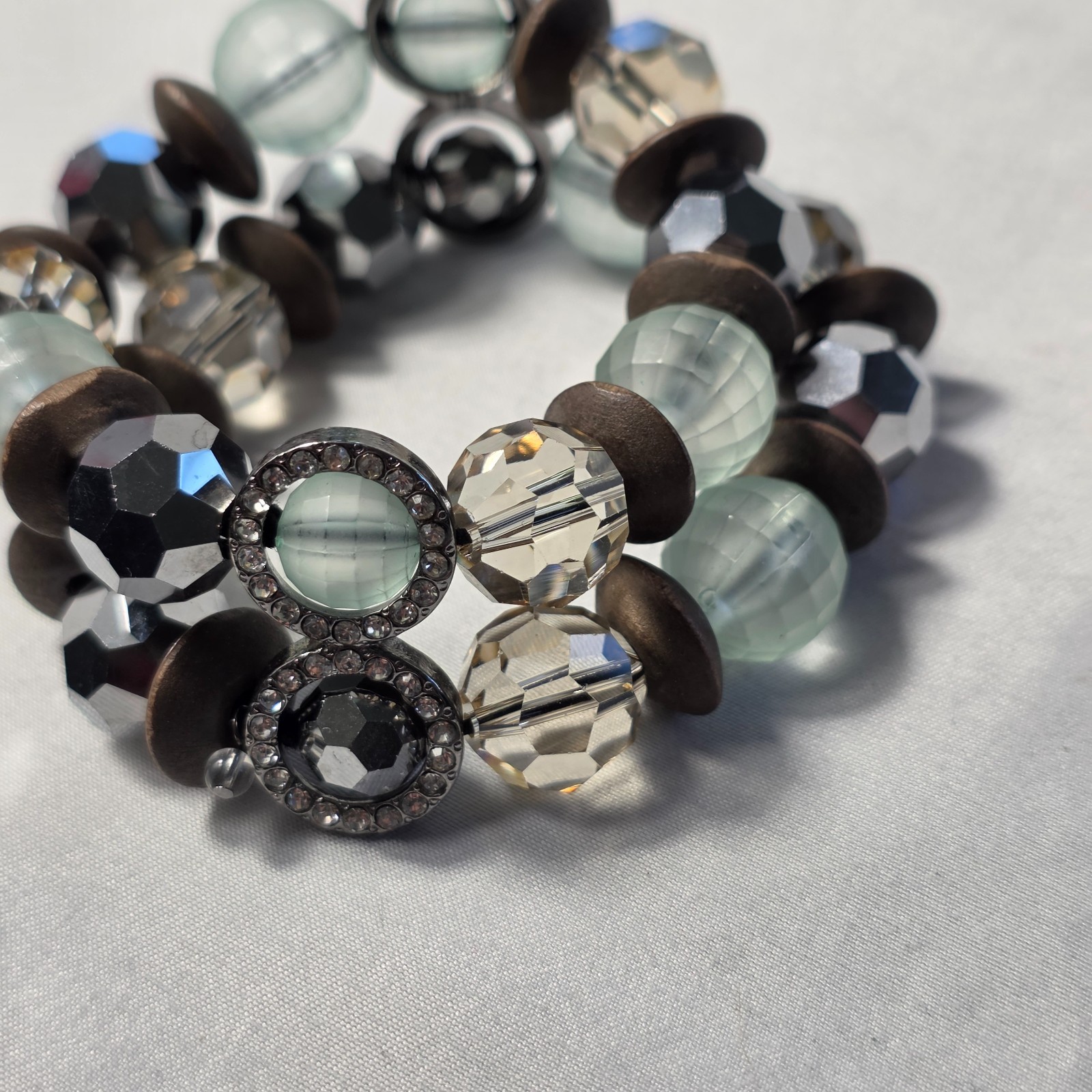 Multi-Layer Chunky Beaded Stretch Bracelet Pale Blue & Clear Faceted Beads