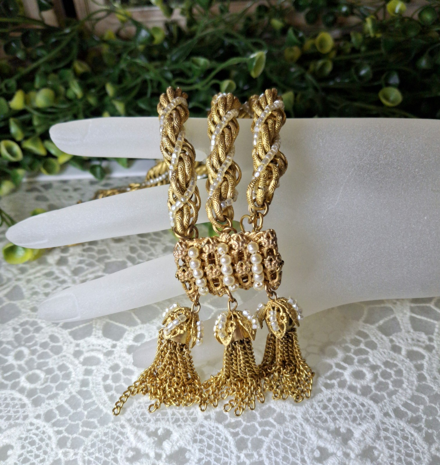 Frilly Miriam Haskell Russian Gold Chain & Seed Pearl Tassel Bracelet