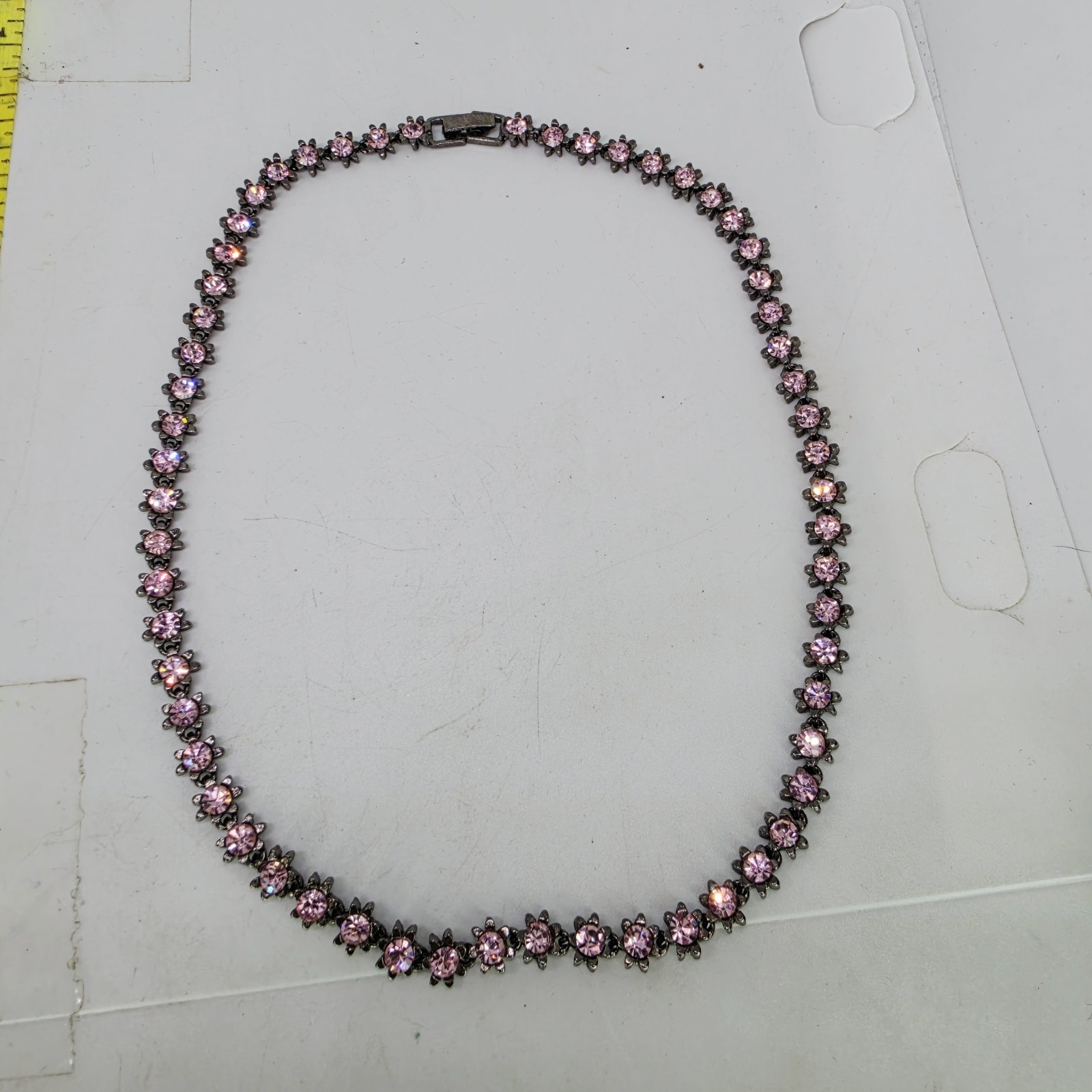 Vintage Pink Crystal Rhinestone Floral Starburst Tennis Necklace Gunmetal Strand