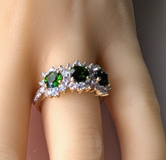Diamond and Green Tourmaline 3 Stone Right Hand Ring 14K 2.5 Carats – Size 7-1/2