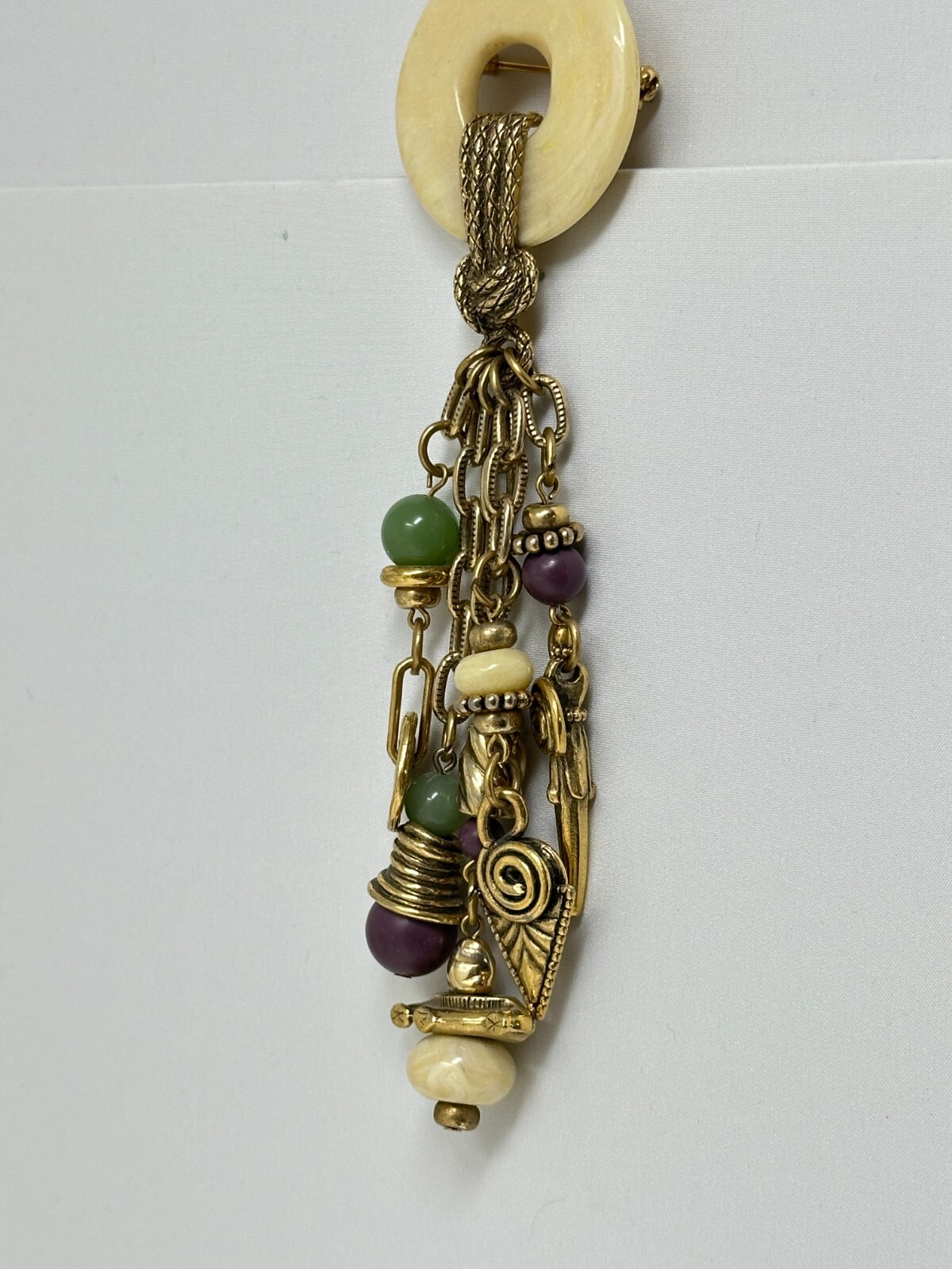 1928 Brand Goldtone Purple Cream Green Bead 5.75″ Long Fringe Brooch Pin