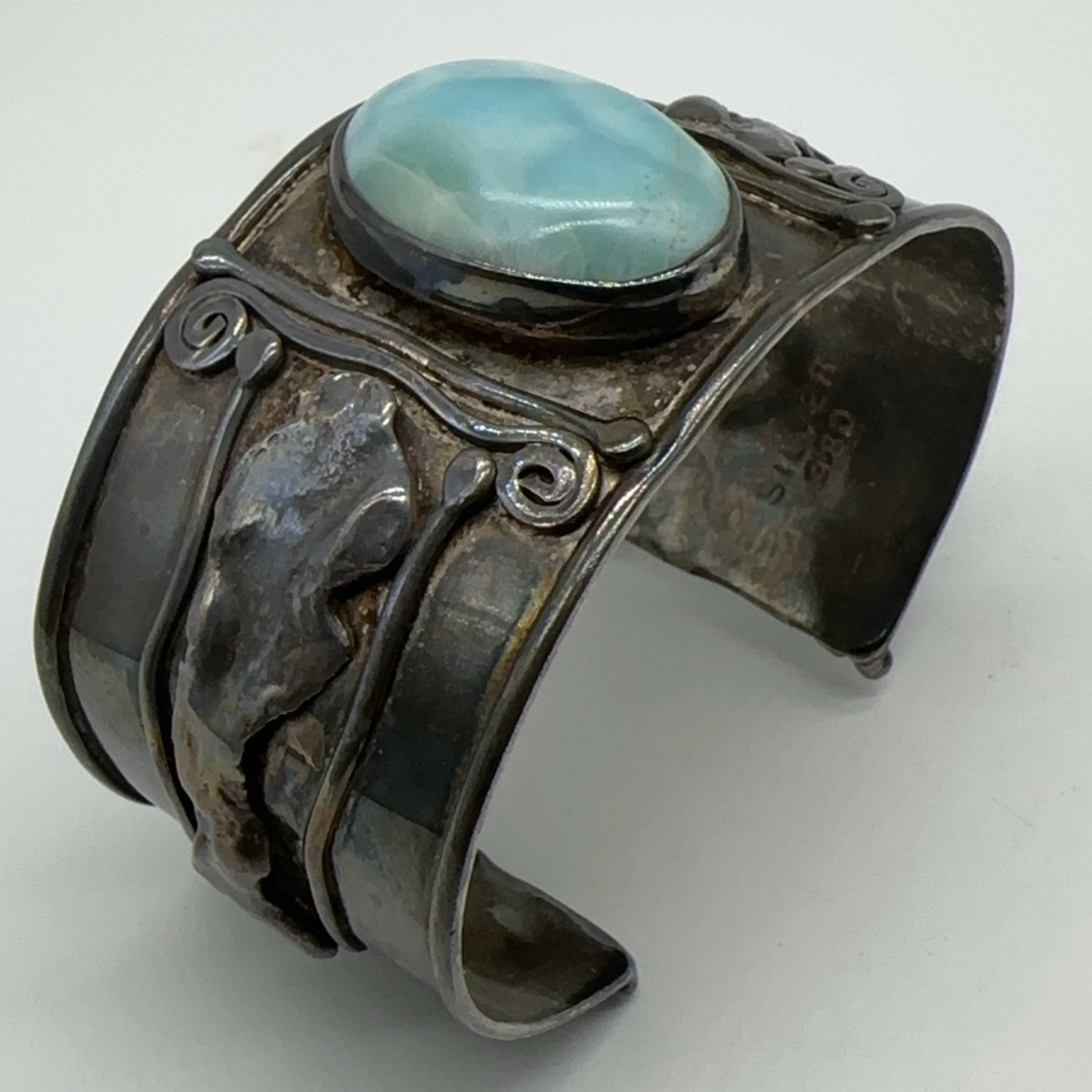 VTG Signed 980 Sterling Silver Larimar Cuff Bracelet 55.1g #bes