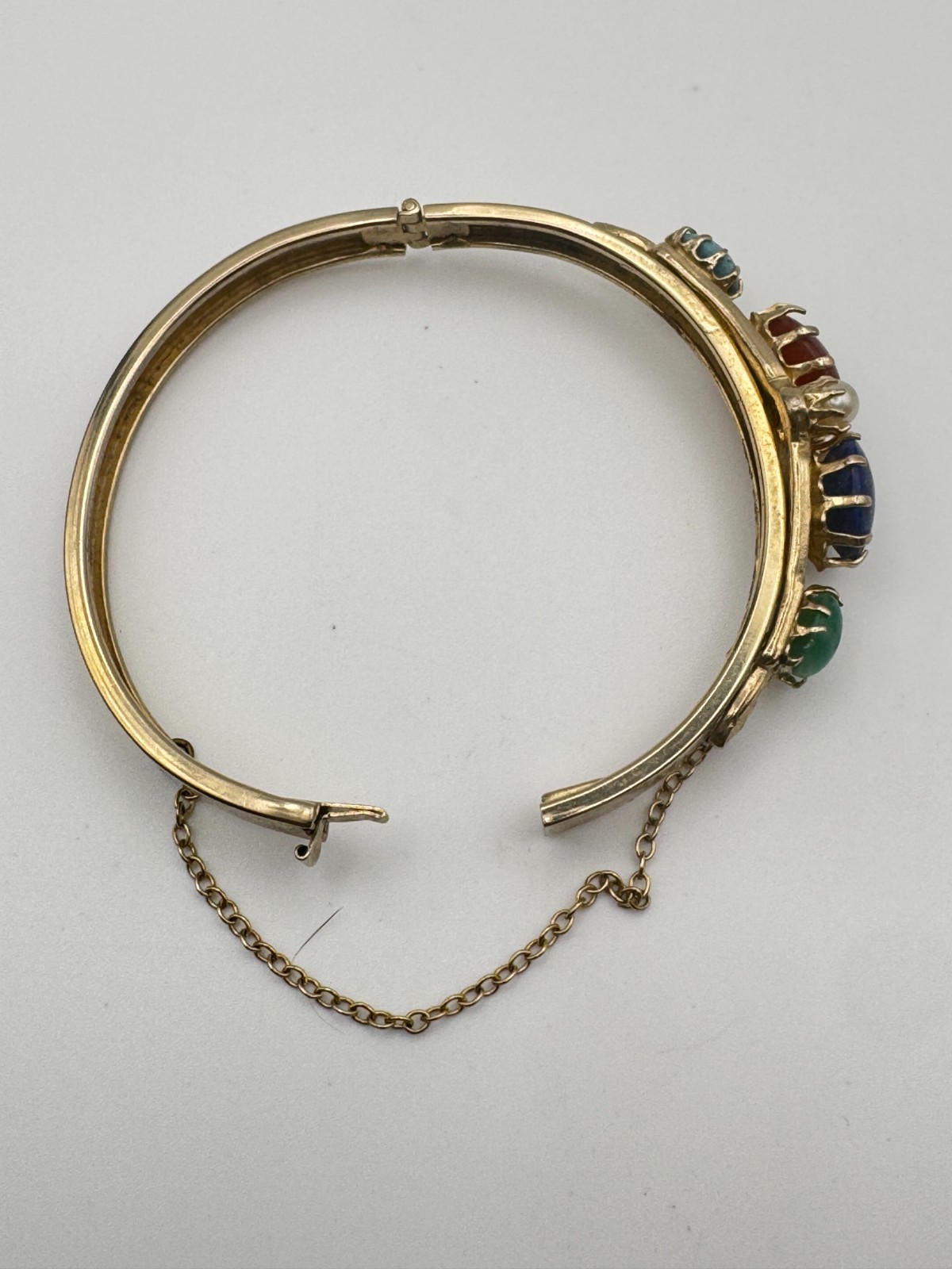 Vintage Cabochon Bracelet Green Blue Hinged Bangle Victorian Revival