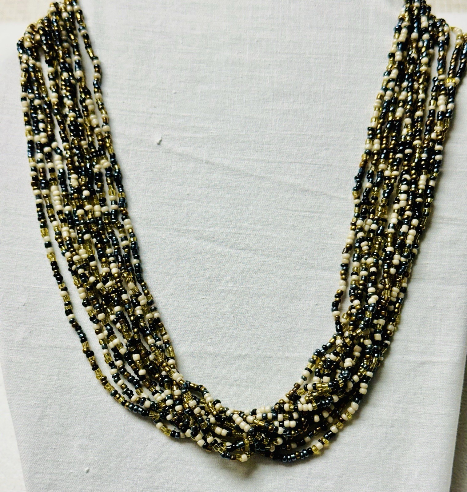 Vintage Black White Brown Seed Bead Multi Strand Torsade Necklace n0185