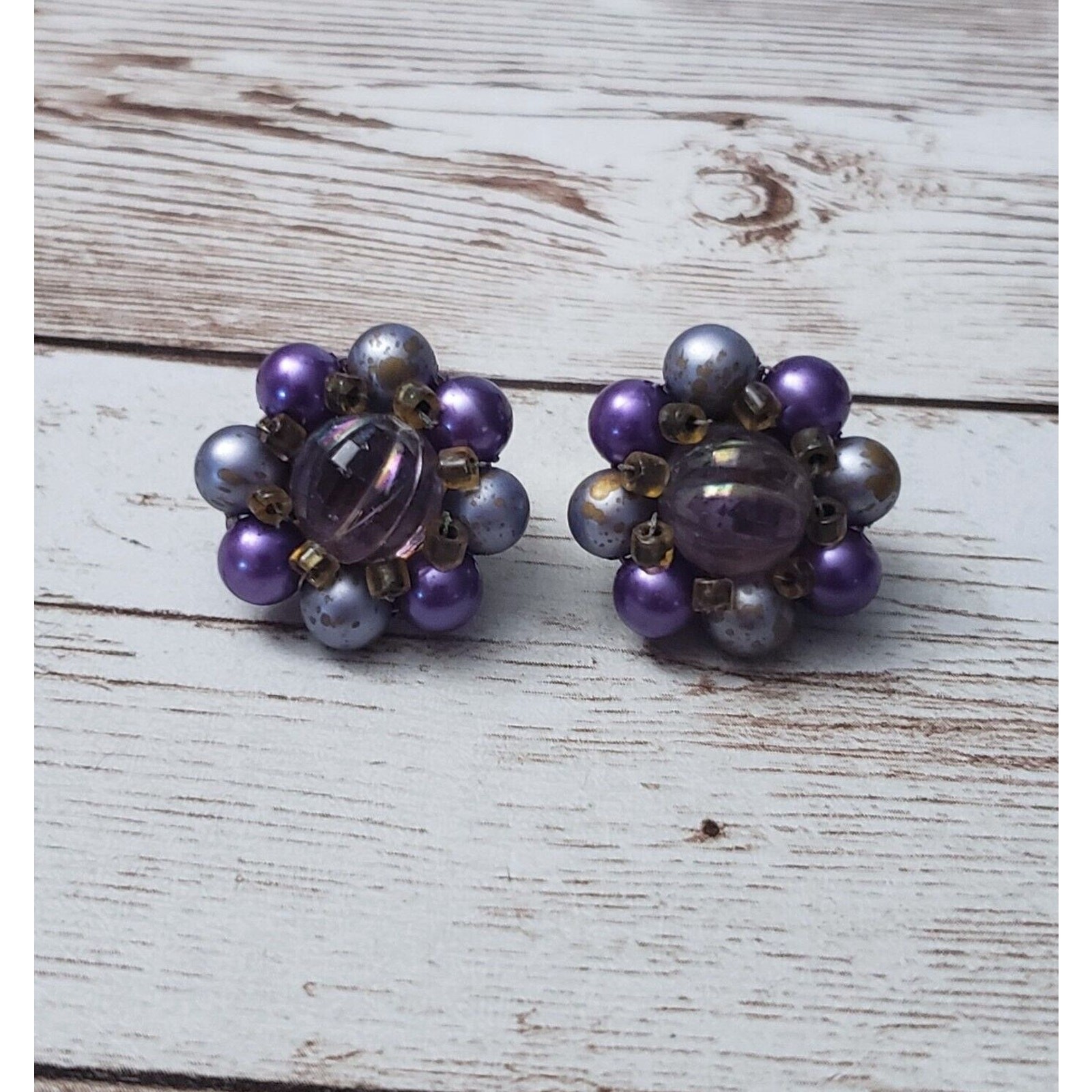 Vintage Clip On Earrings – Violet, Blue & Bronze Tone Cluster