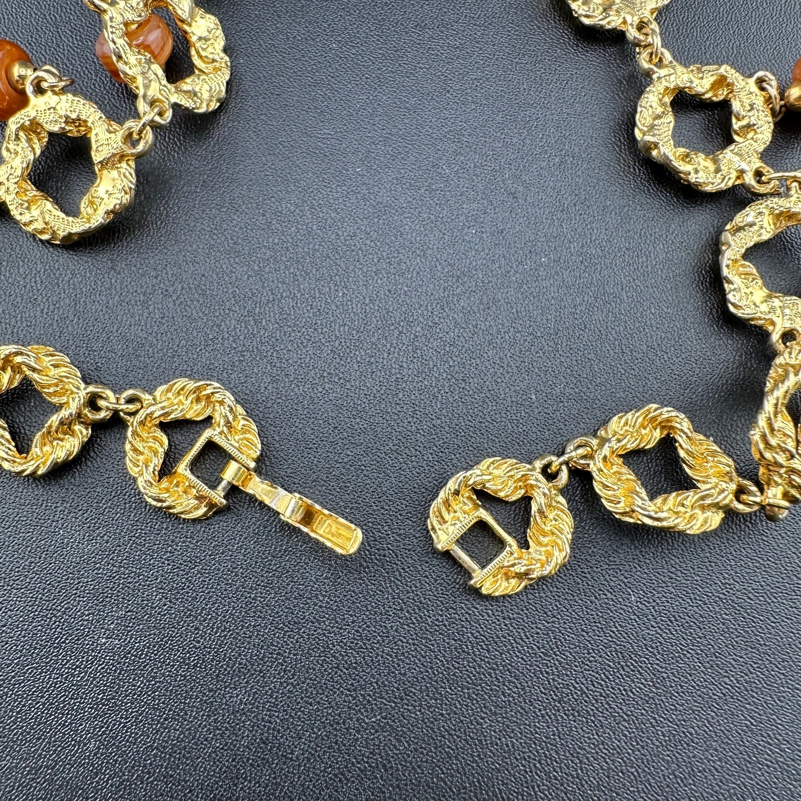 Vintage Statement Necklace Bib Fringe Hammered Gold Tone Link Agate Bead Dangles