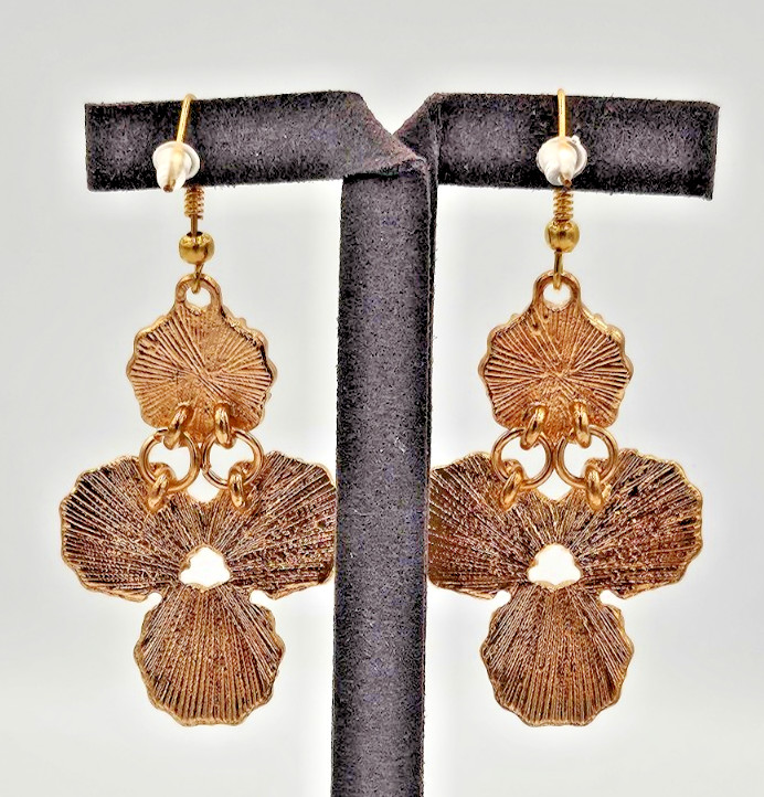 Vintage Gold Tone Blue Green Flower Dangle Earrings Rhinestone Pierced