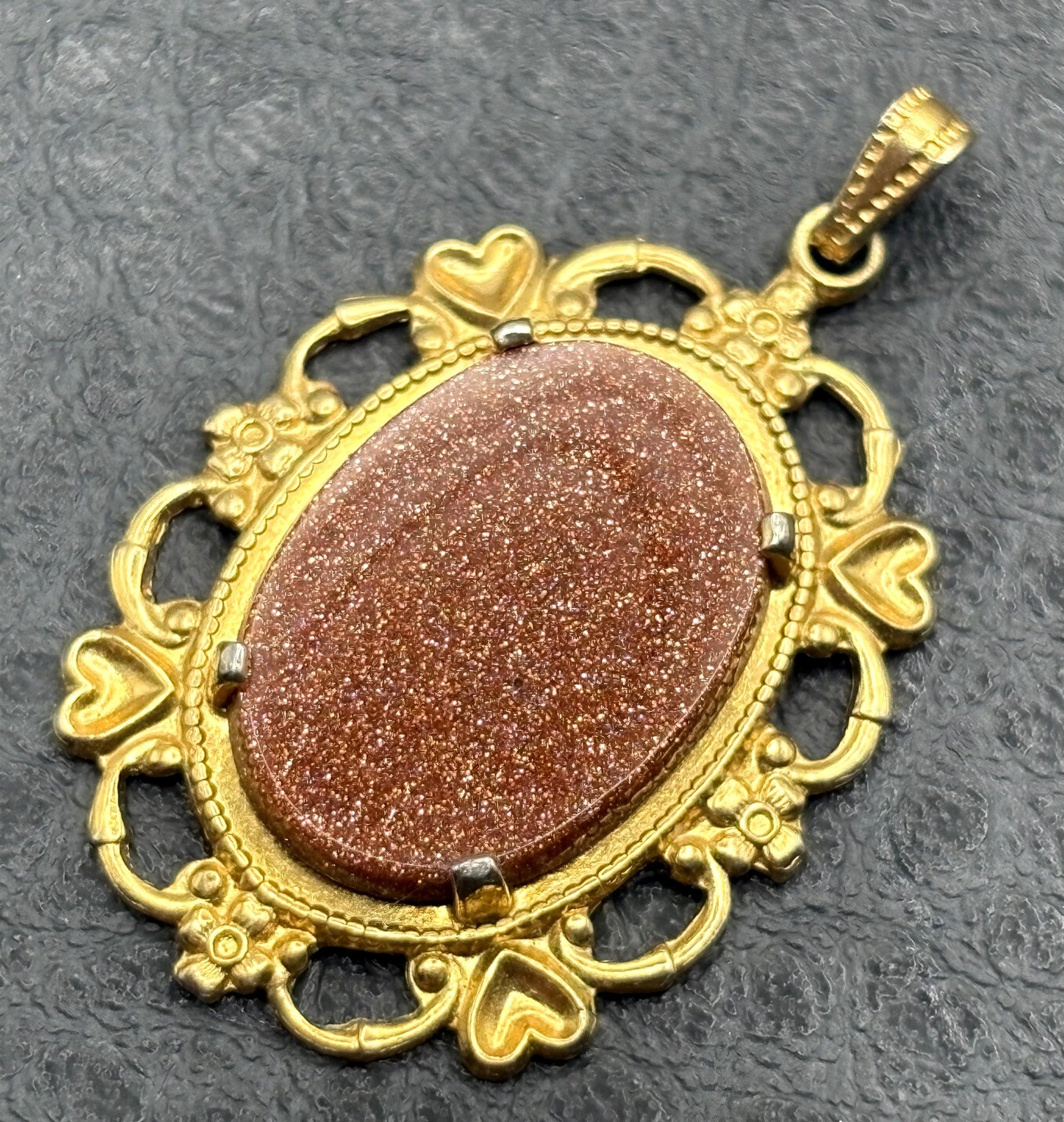 Vintage Gold Tone Goldstone Sunstone Filigree Frame Pendant Victorian Style