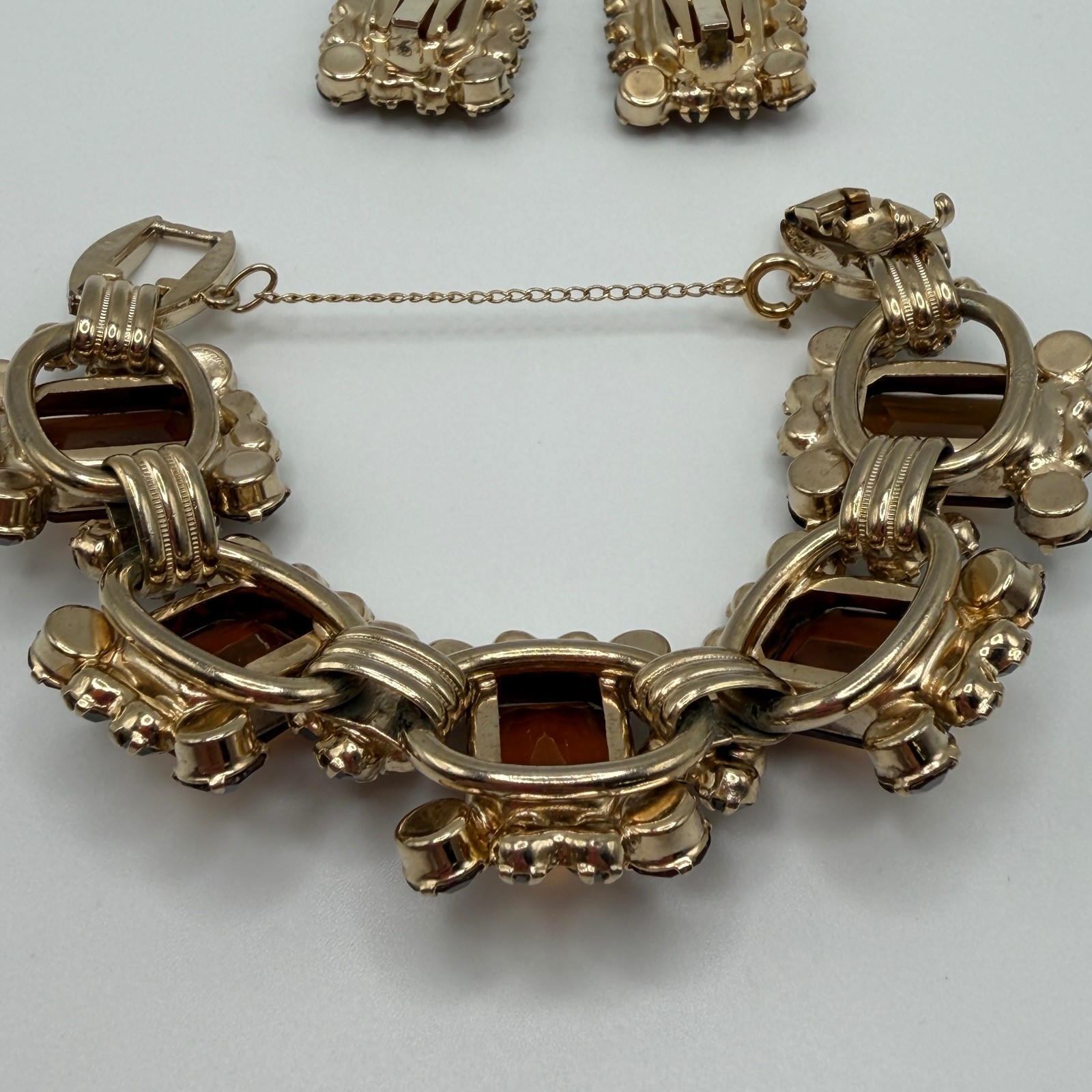 Juliana Elster & DeLizza VTG Smoky Topaz Rhinestone Bracelet and Earrings Set