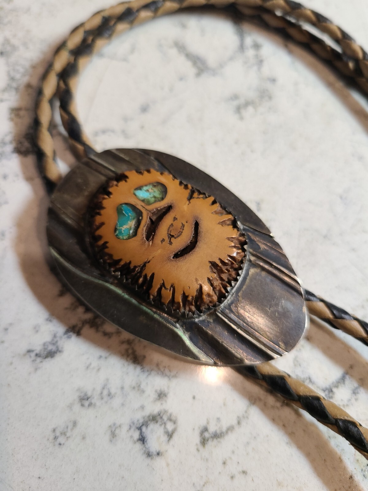 Native American Bolo Tie AMAZING DETAIL Metal and Nut Shell Turquoise Eyes EUC