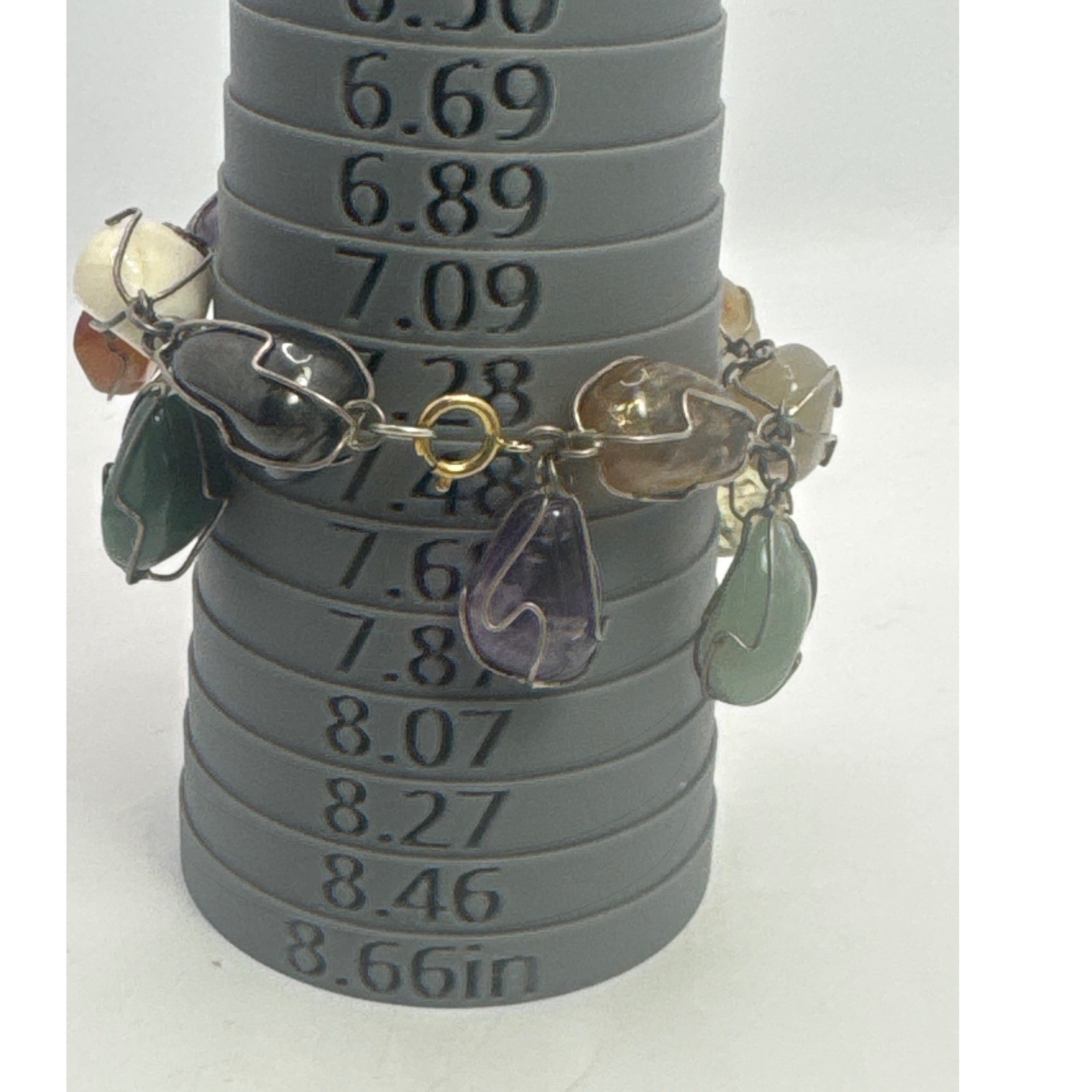 Vintage Wire Wrapped Tumbled Gemstone Charm Bracelet Multi Color Boho 7.25 In