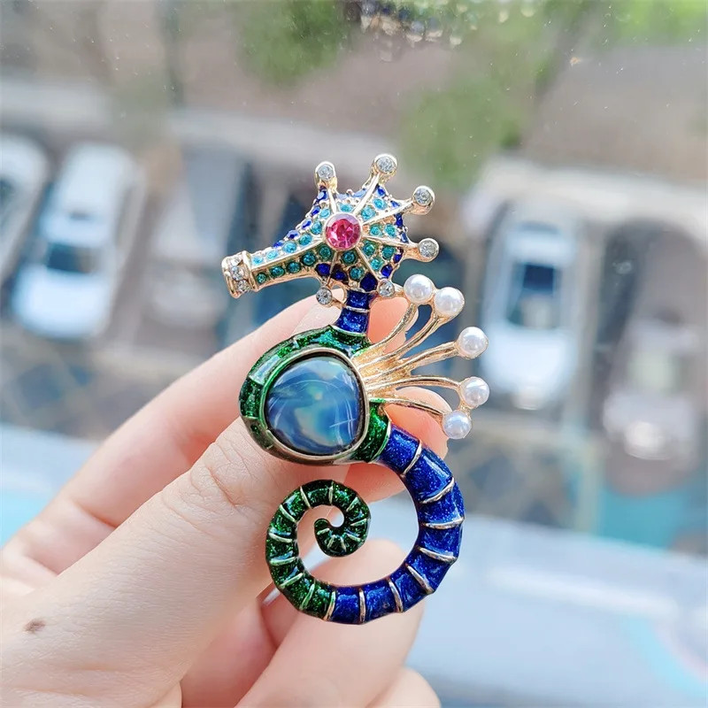 Vintage Colored Enamel Seahorse Brooch for Unisex Rhinestone Animal Pin