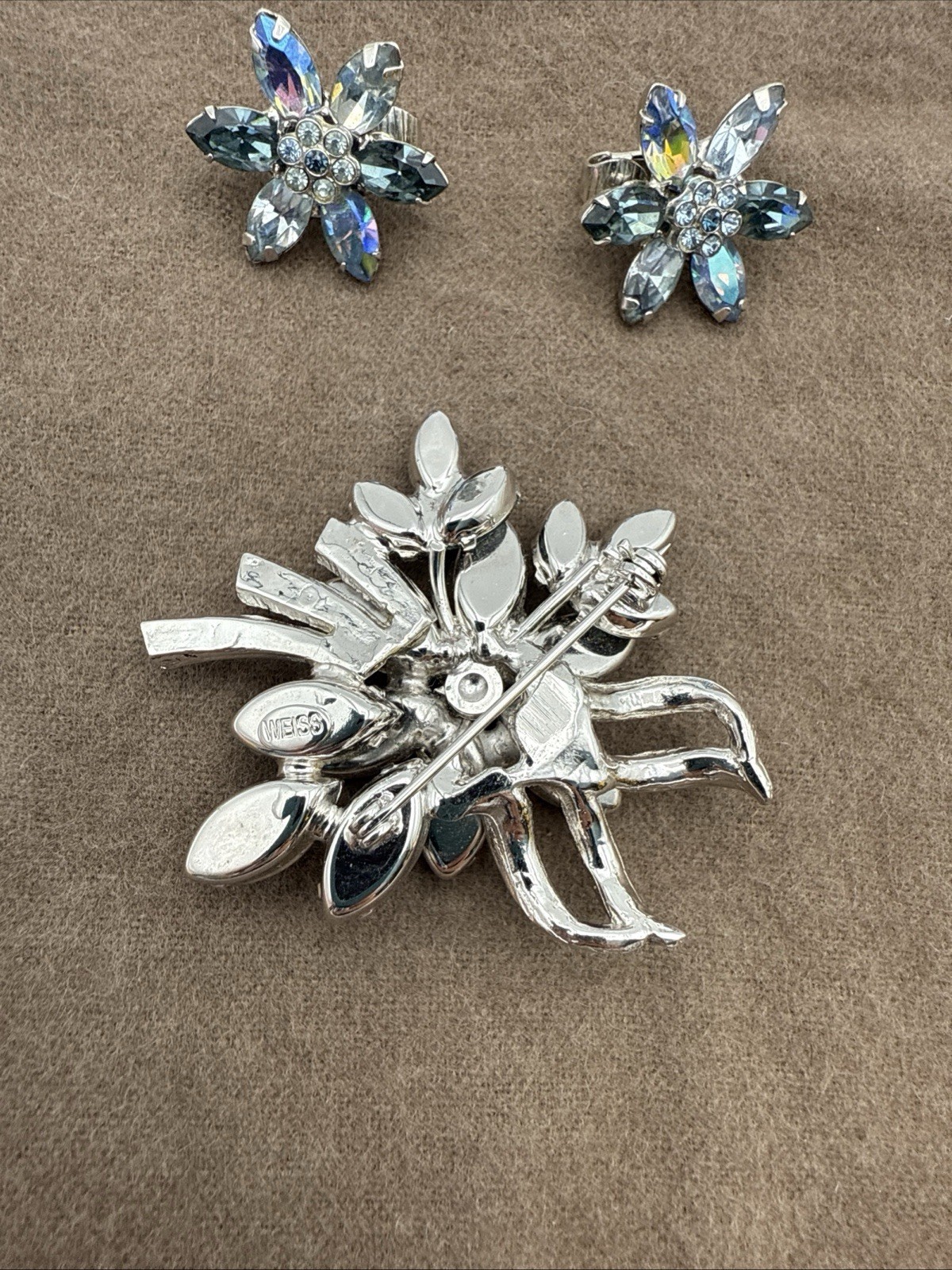 Jewelry, Earrings and Brooch Set, Weiss Signed Vintage, blue and clear stones