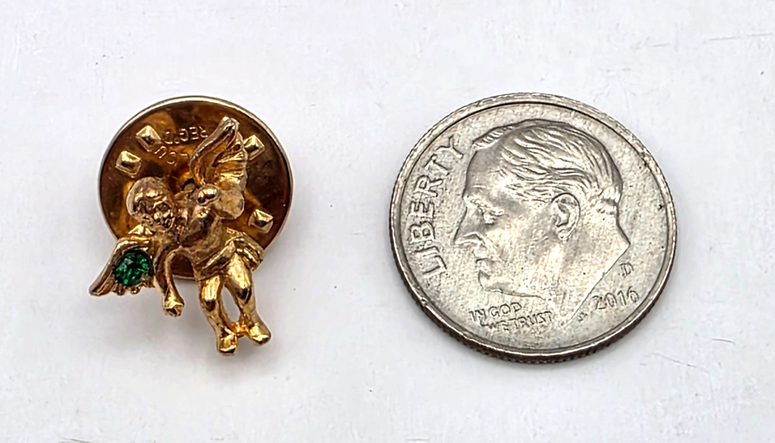 Guardian Cherub Angel Lapel Pin Faux Gold Tone Rhinestone Green Crystal T&T Vtg