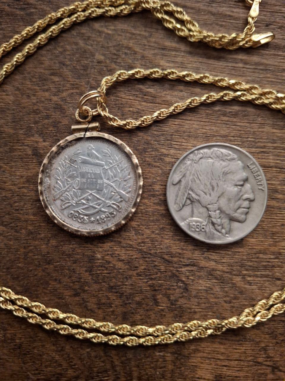 1893 Guatemala Silver & Hammered Gold Coin Necklace, 1 Real, USA Shop Made COA