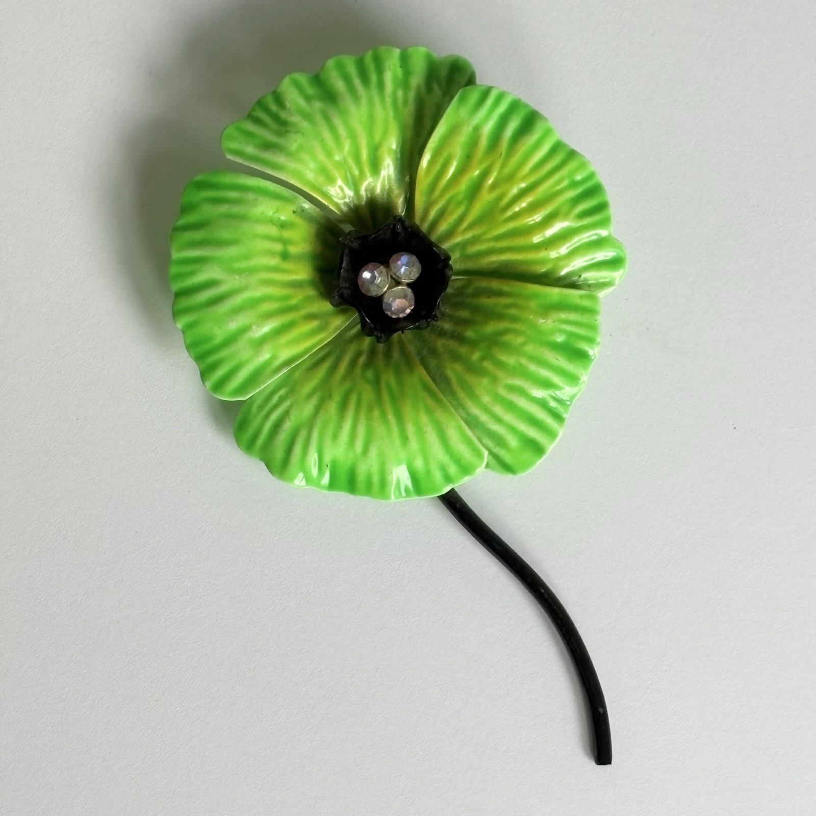 Mod Vintage 1960’s Lime Green Enamel & Rhinestone Poppy Flower Brooch Pin
