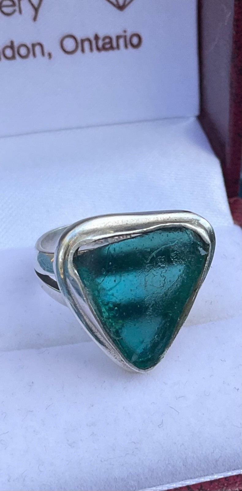Vintage STERLING RING Aqua Sea Glass Shard Caribbean Blue Signed FNA Size 7.25