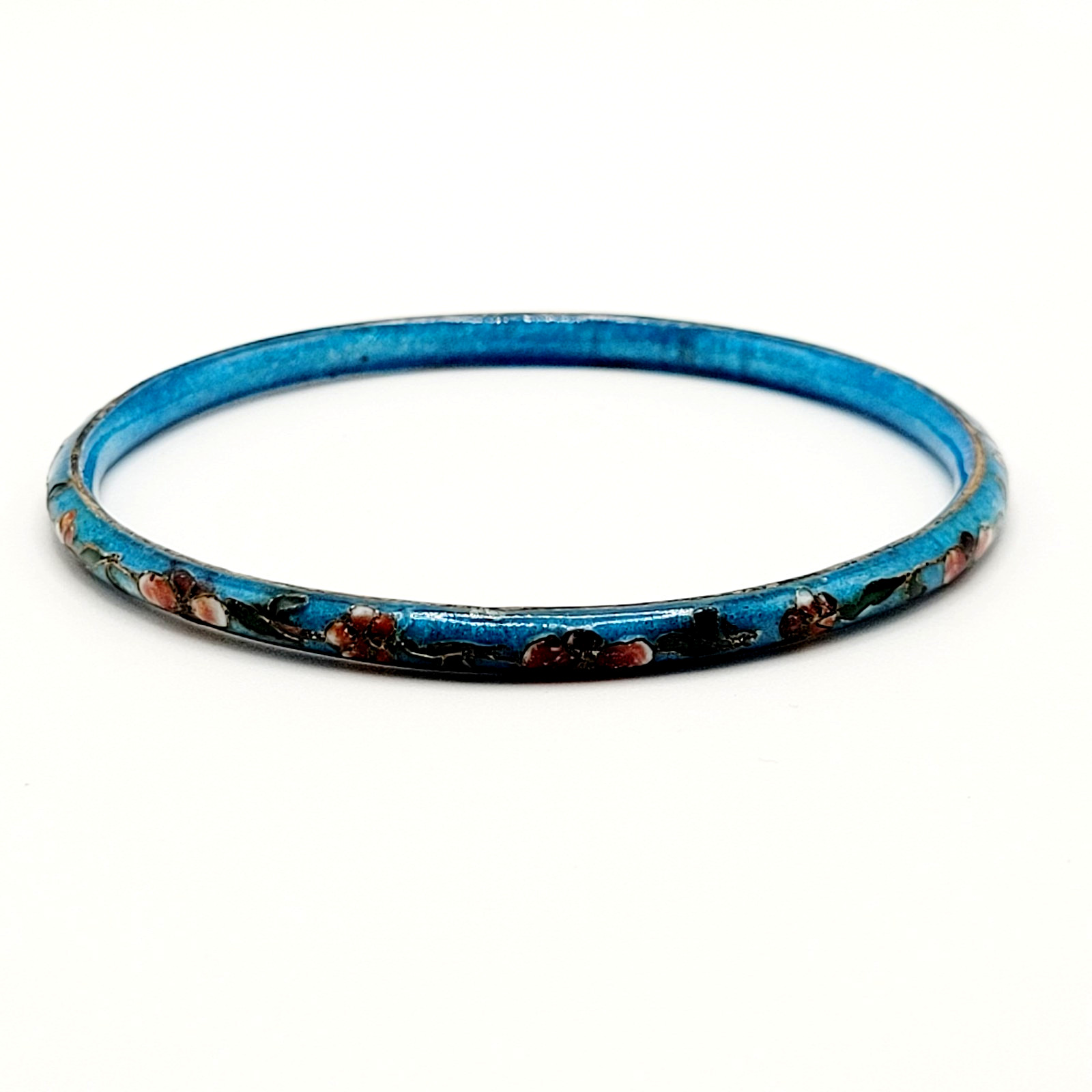 Cloisonné Light Blue Enamel Floral Hand Painted Asian Inspired Bangle Bracelet