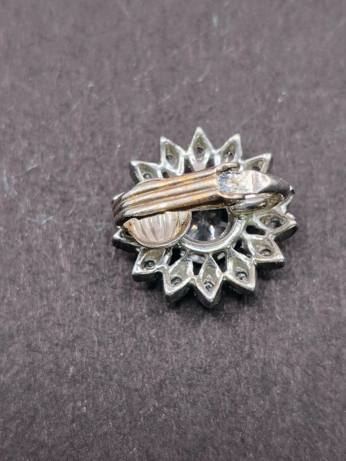 E527 Topaz/Crystal Starburst Clip On Earrings Marquise Halo Silver Tone Vintage