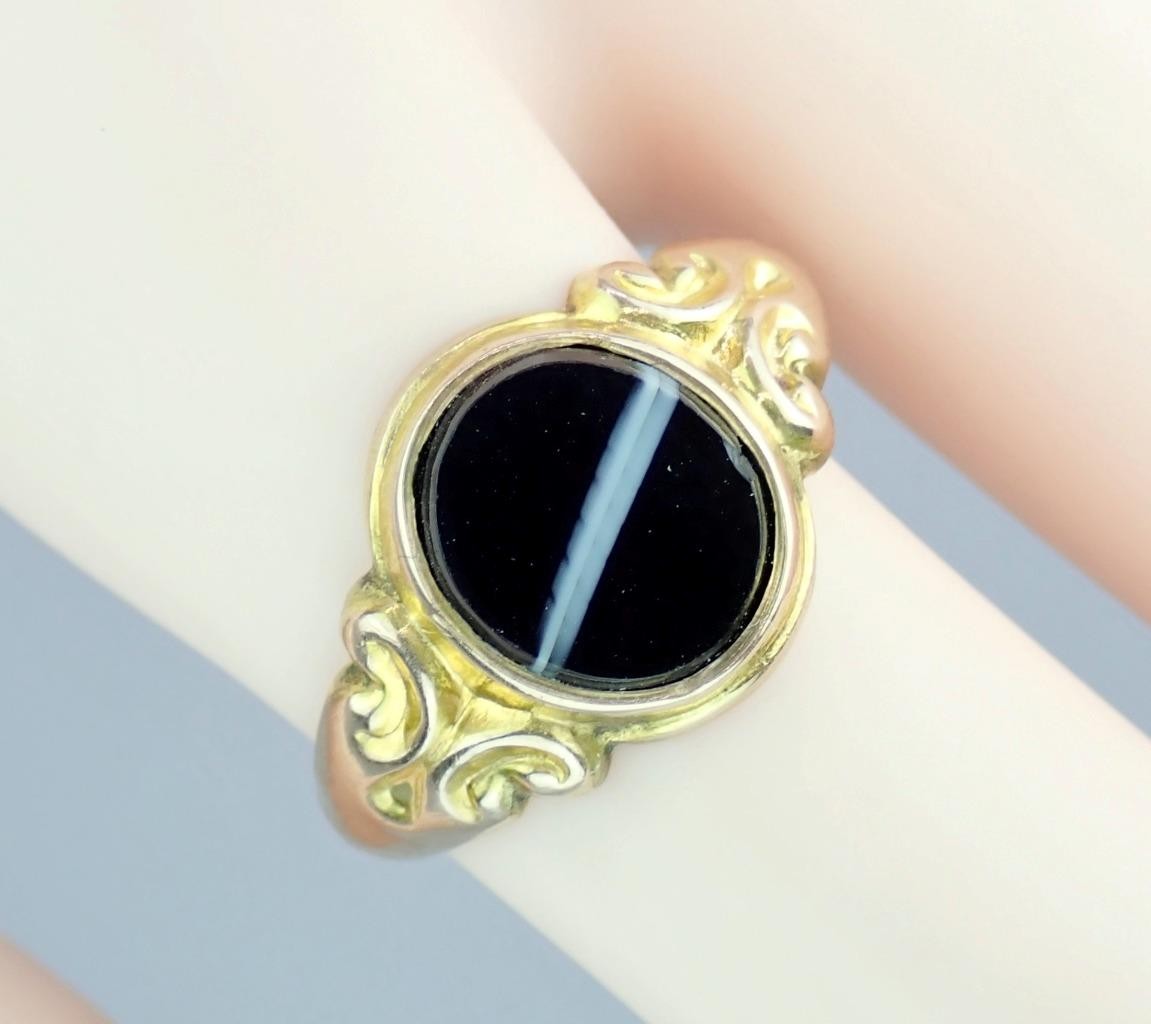 Fine Antique Edwardian Solid 9K Rose Gold Banded Agate Signet Pinky Ring 1904 8