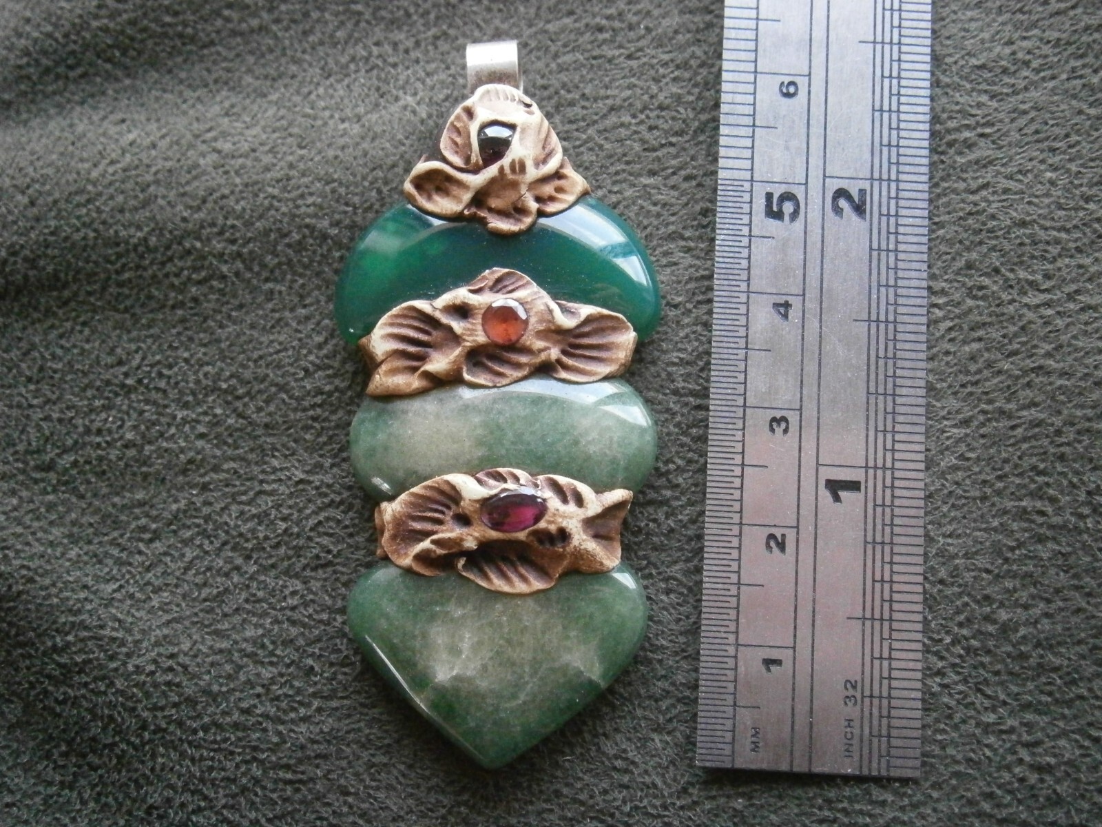 Large 3 Piece Nephrite Jade Vintage Silvertone Bail Pendant 16.0g