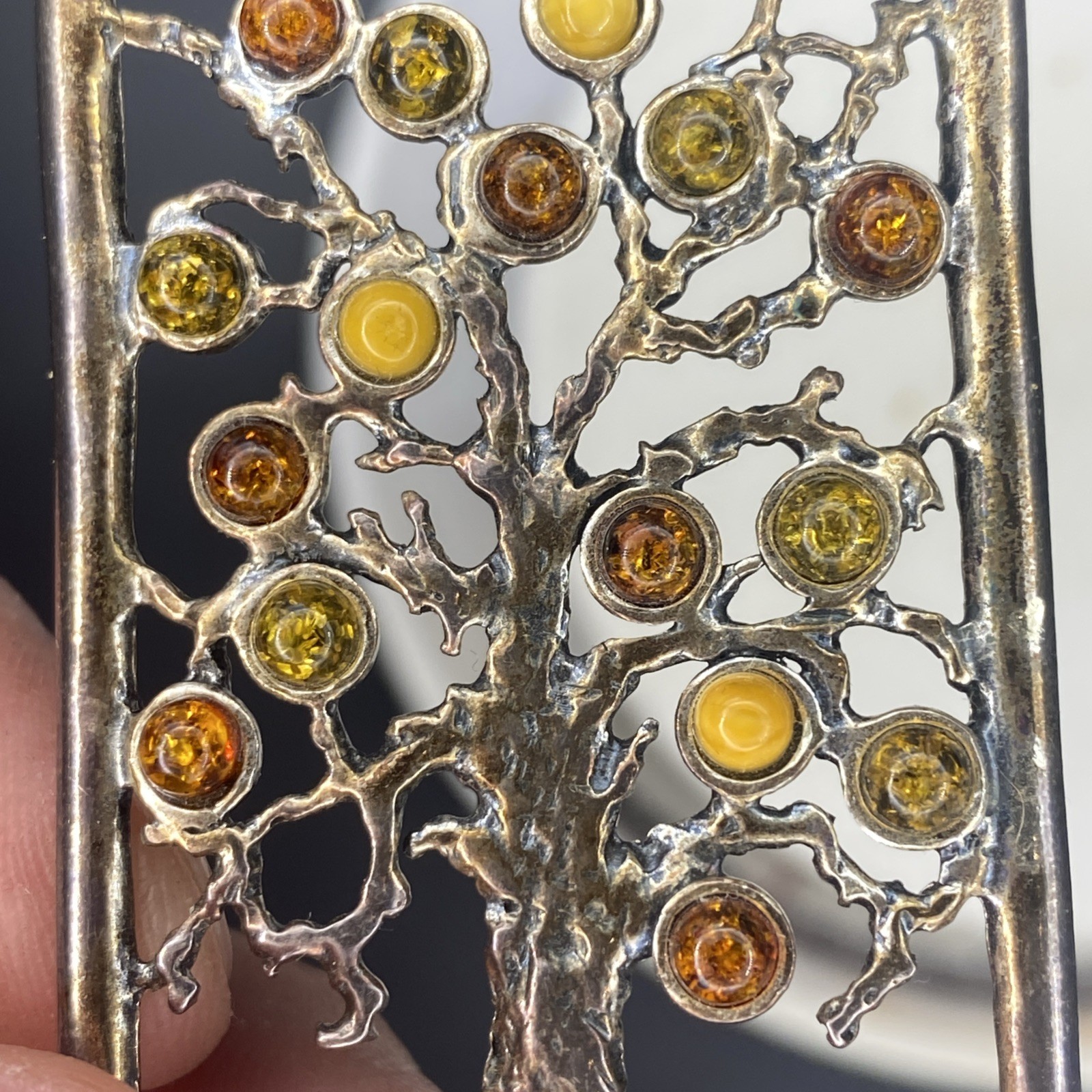 Large 2.5” 925 Sterling Silver Genuine Baltic Amber Tree of Life Pendant Vintage