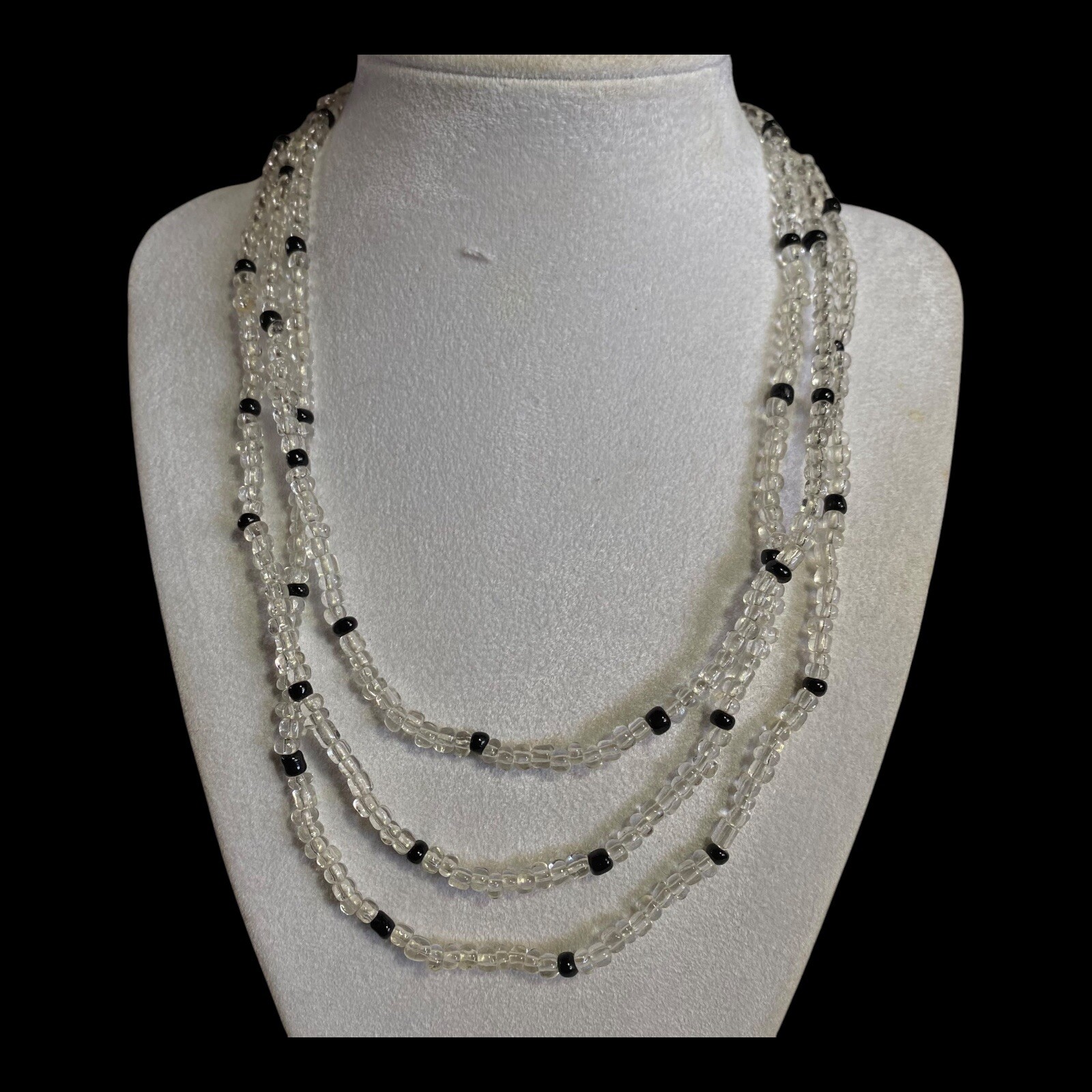 Vintage 54” Black Clear White Glass Beaded Necklace Handmade Layering Boho Craft