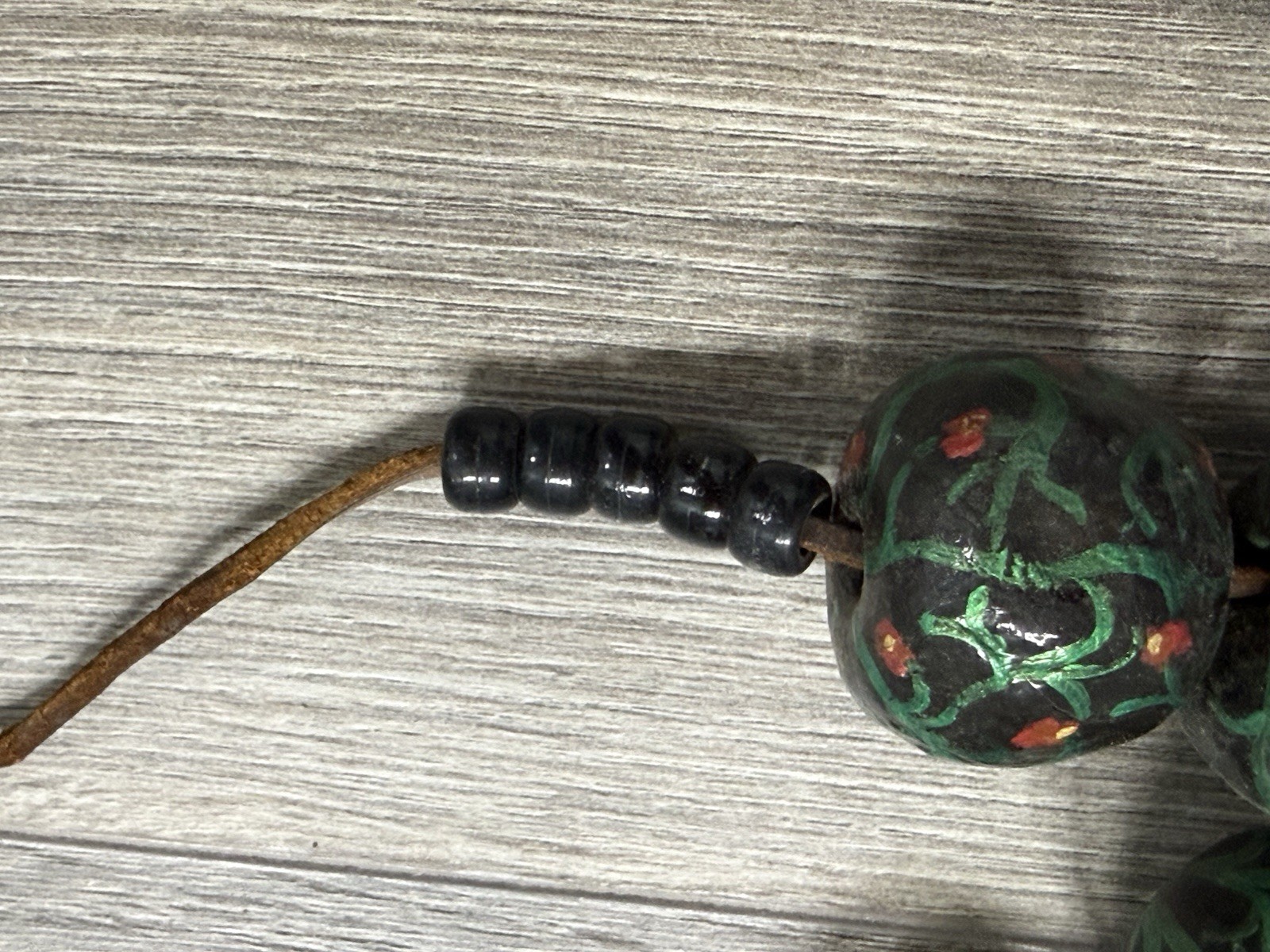 Vintage Folk Art Snake Necklace Hand Painted Beads Leather Cord Tribal Primitive