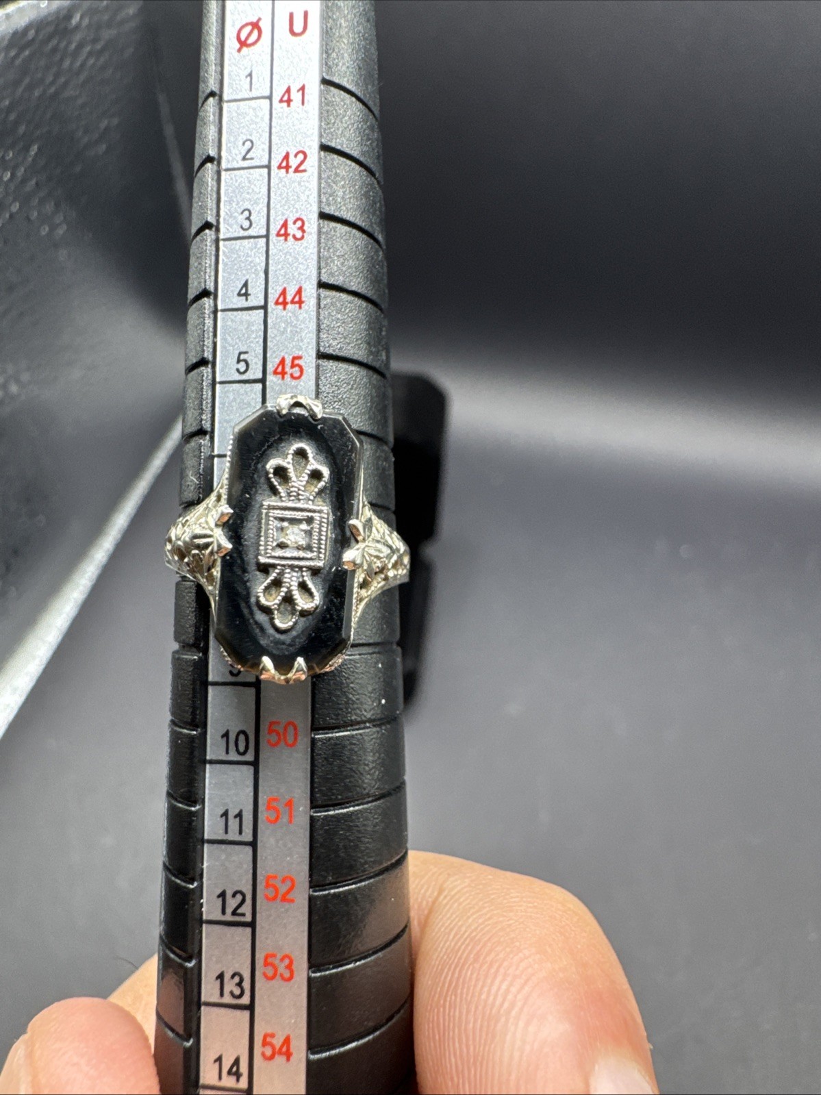 🖤 Rare Art Deco Black Onyx Ring 14K White Gold Size 4–4.5 • Collector’s Gem B3C