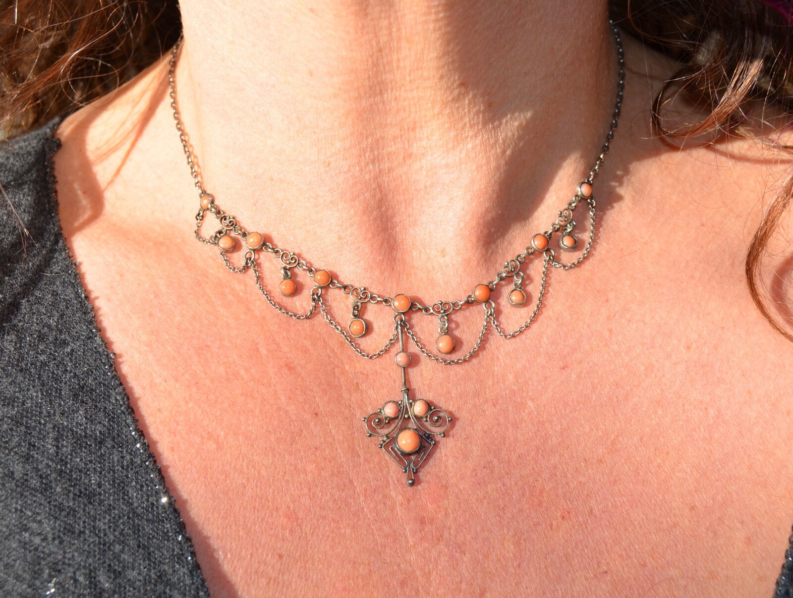 Victorian Sterling silver & Coral Swag Cannetille Necklace