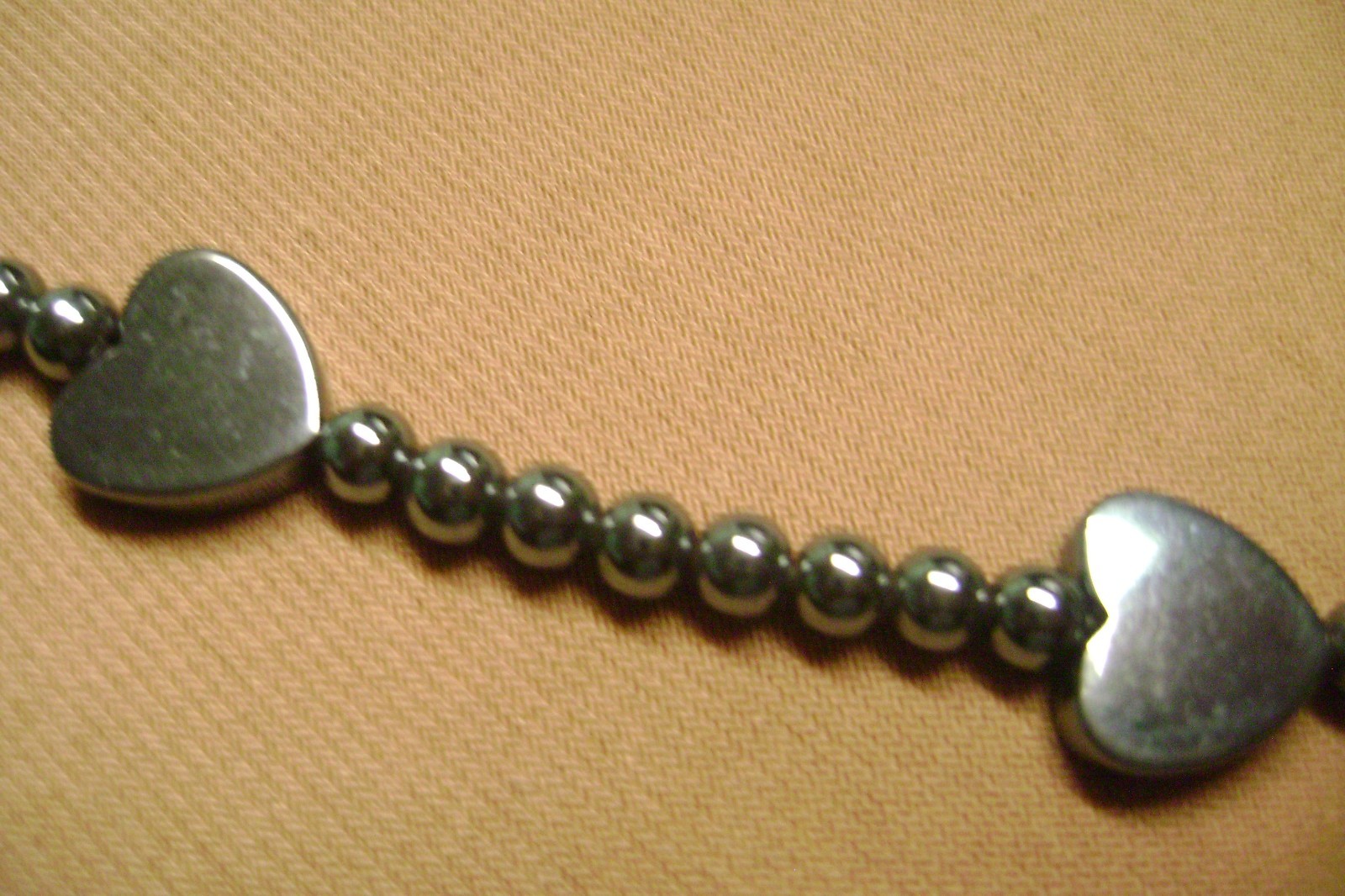 VINTAGE HEMATITE GREY HEART, ROUND BEADED 20″ LENTH NECKLACE- FILIGREE CLASP