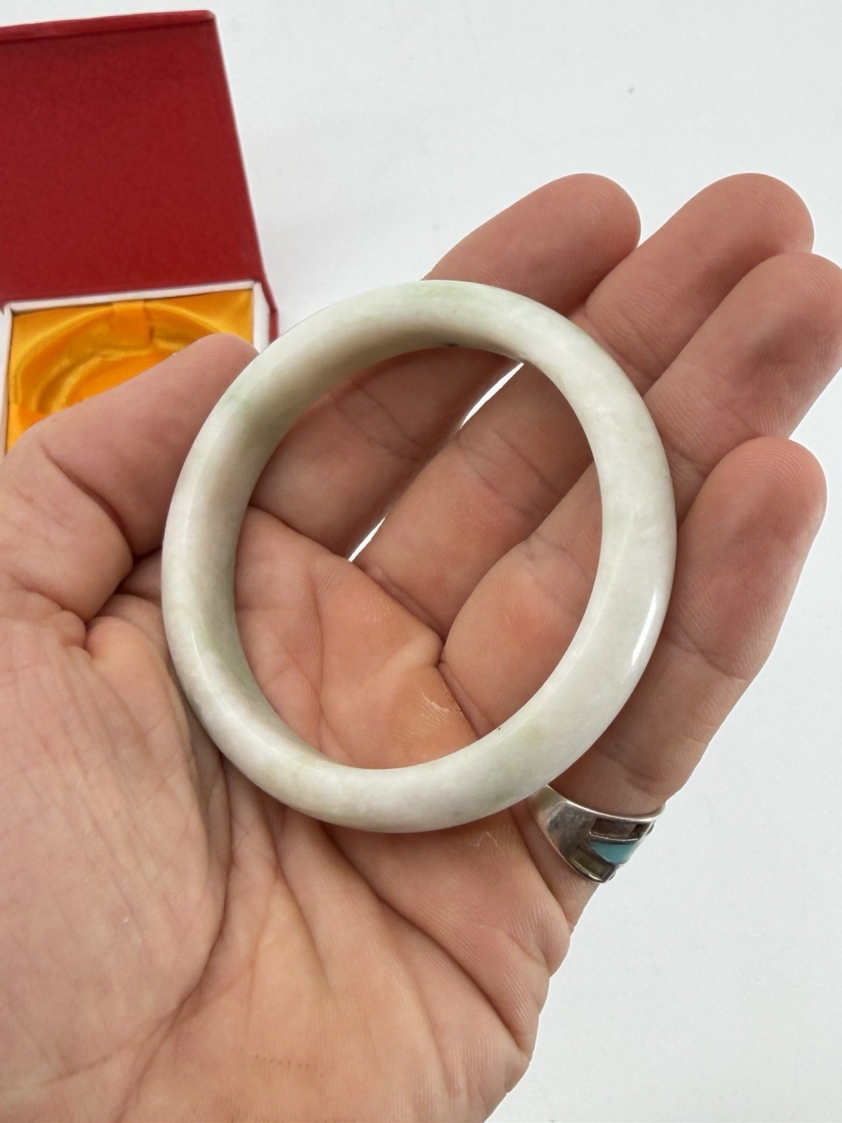Vintage Natural Pale White Green Jadeite Jade Gemstone Bangle Bracelet