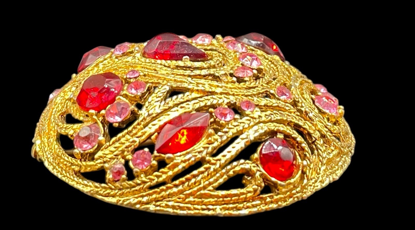 Vintage La Roco Domed Braided Filigree Austrian Crystal Brooch