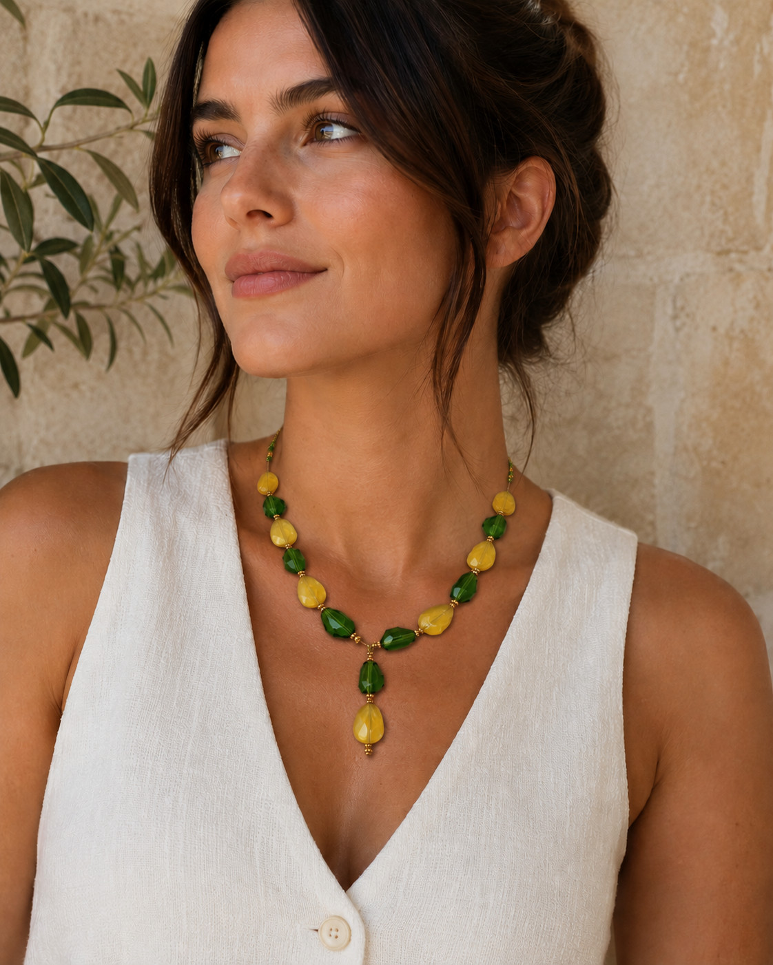 NOS Vintage Latasia Glass Bead Statement Necklace Green Yellow Gold Tone Y