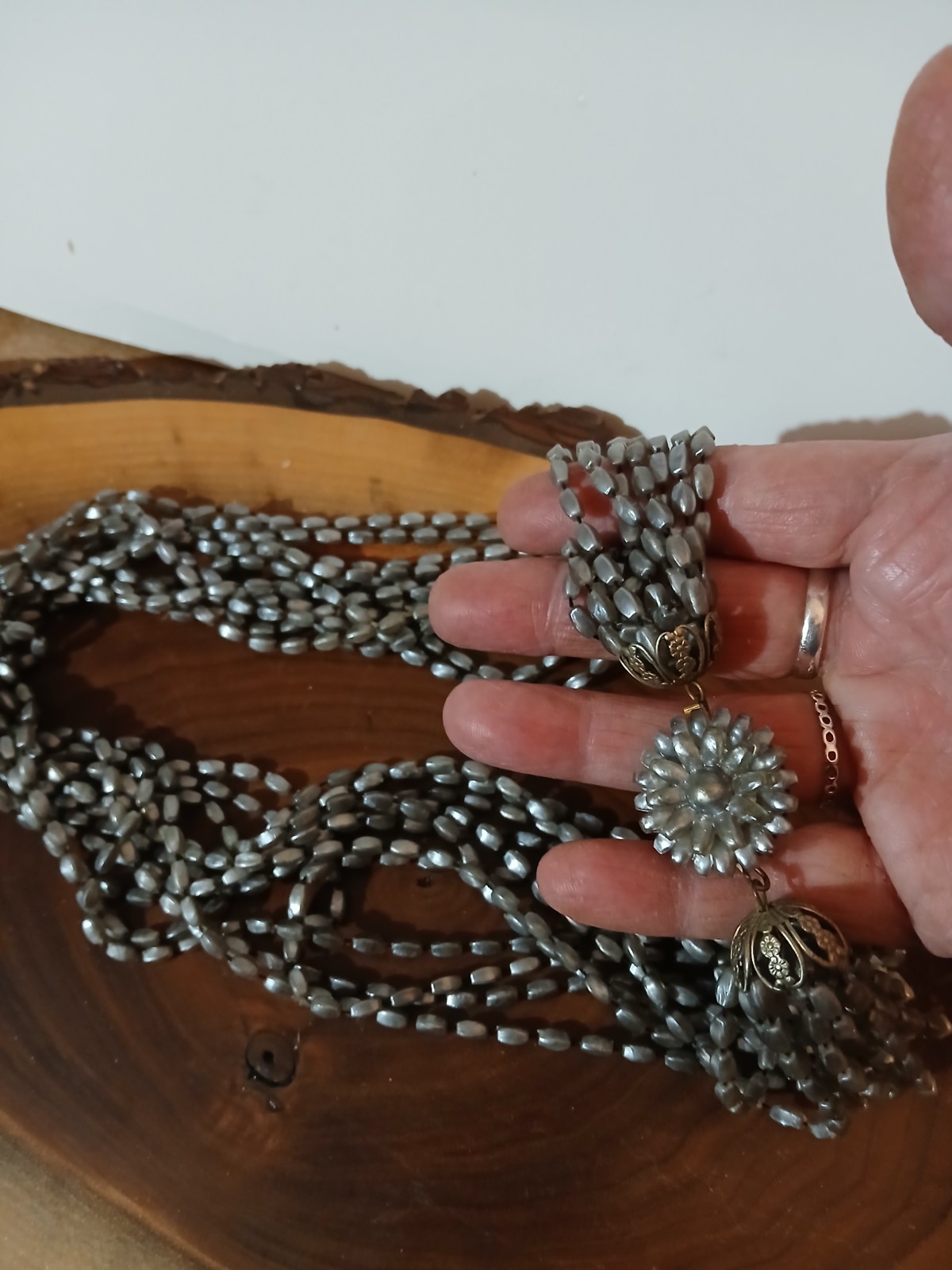 Vintage Gray Pearl Bead 12- Strand Necklace Beautiful Ends, Clasp 12″.