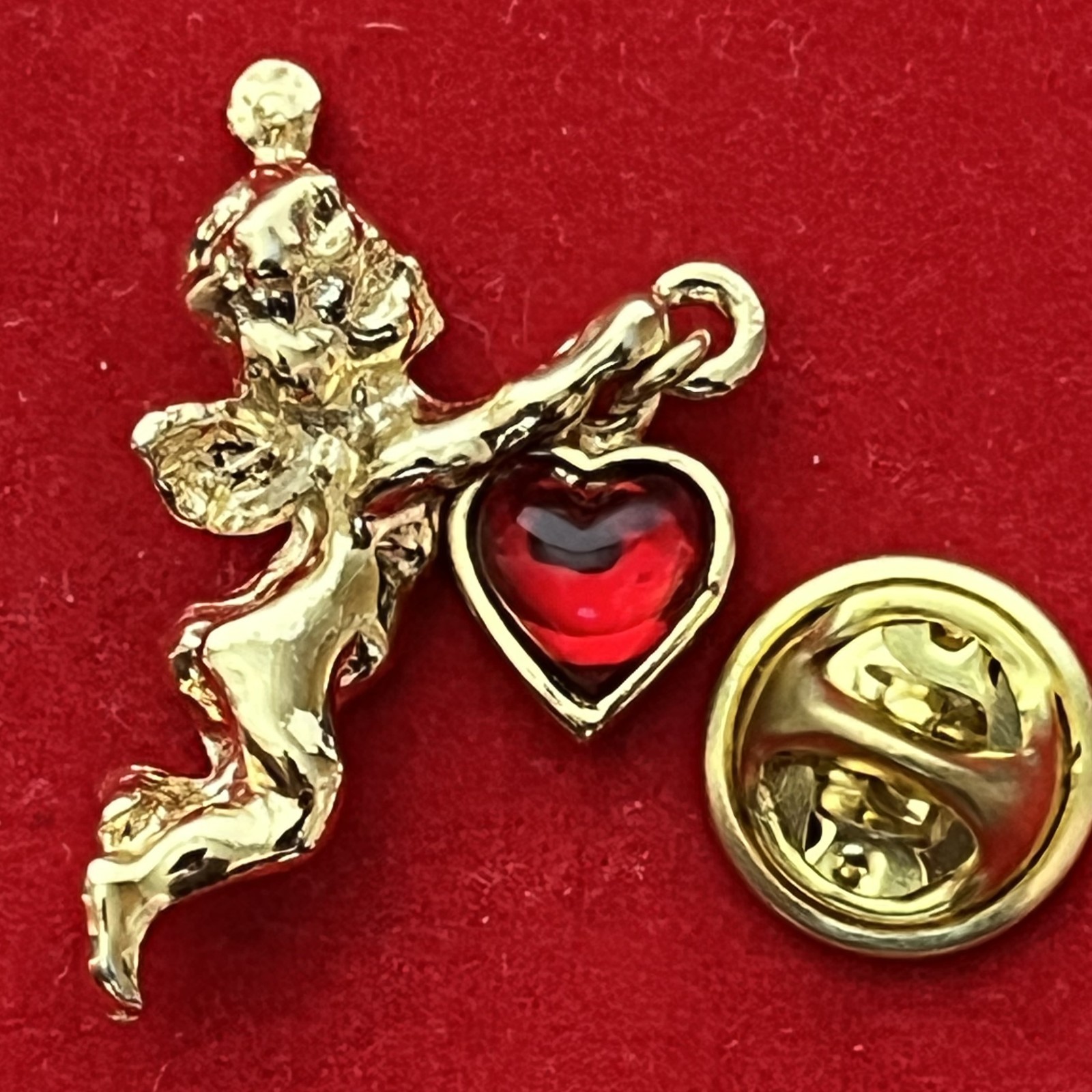 Vintage Shiny Gold-tone Guardian Angel Dangling Red Heart Brooch Pin.