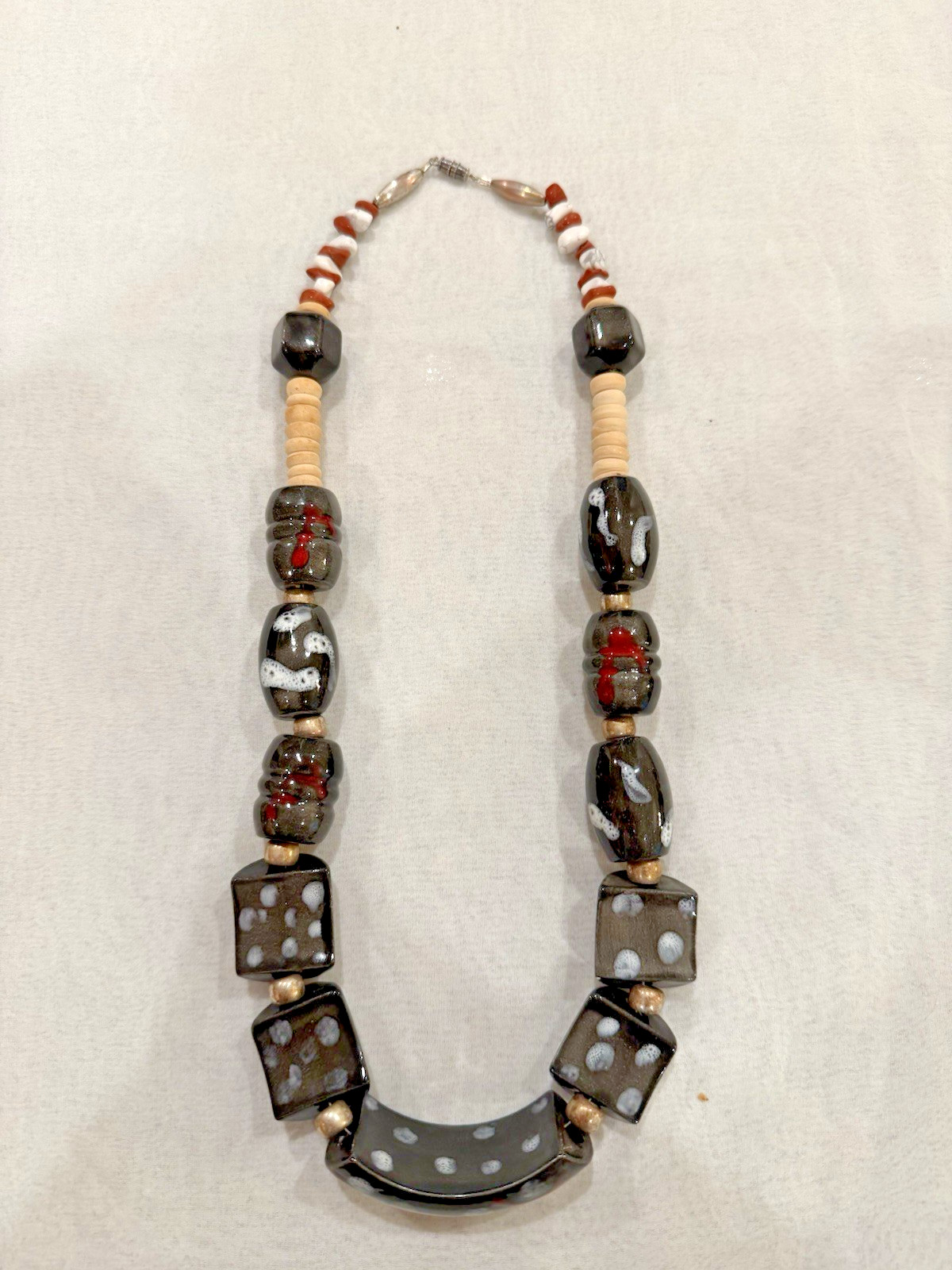 Vintage Artisan Ceramic Pottery Bead Necklace with Wood and Natural Stone Chips