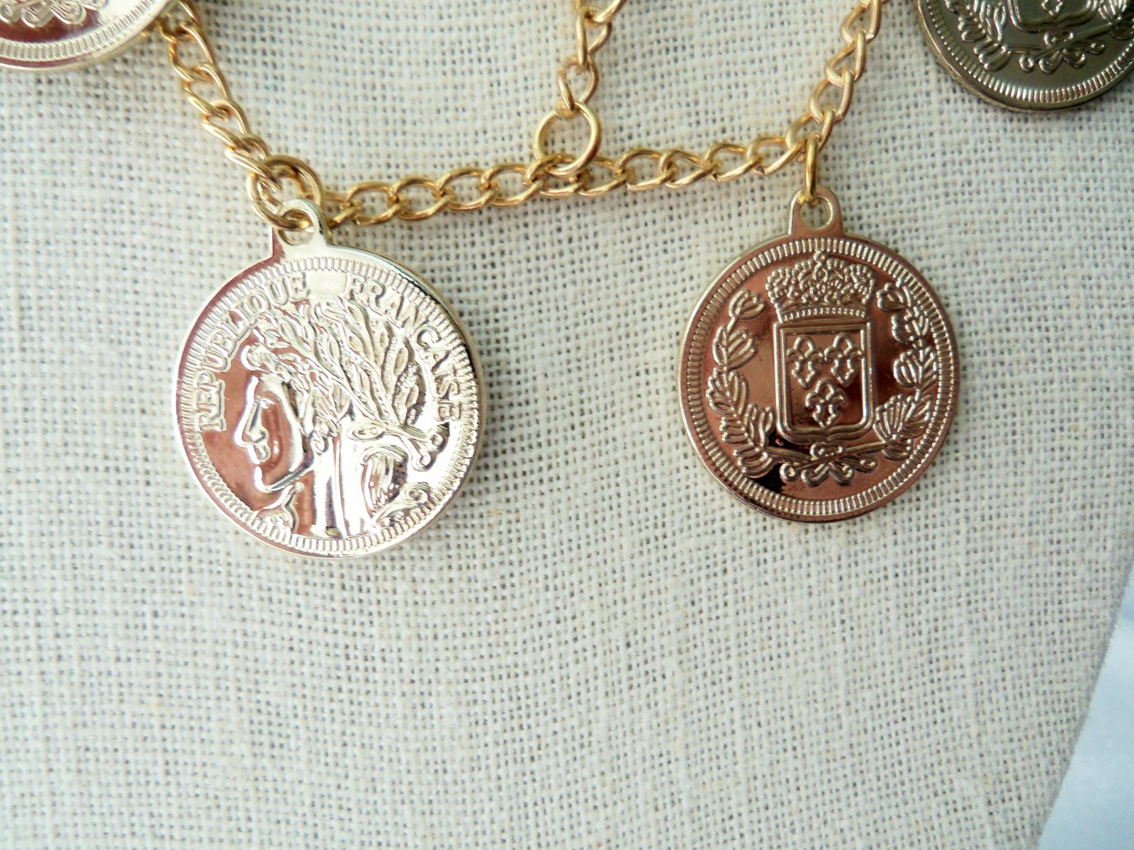 Vintage Gold Tone Double Chain Faux Coin Fringe Necklace