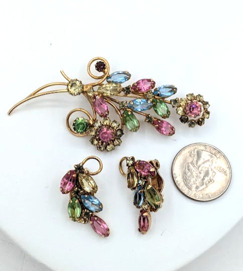Vintage Brooch Earring Set Pastel Floral Spray Rhinestone 1950s