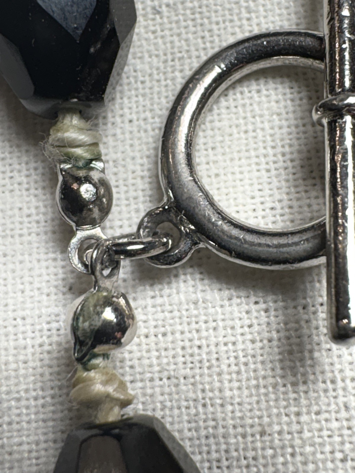 1930s–1950s Czech BLACK GLASS Bracelet French Jet Style Toggle Silk Knots
