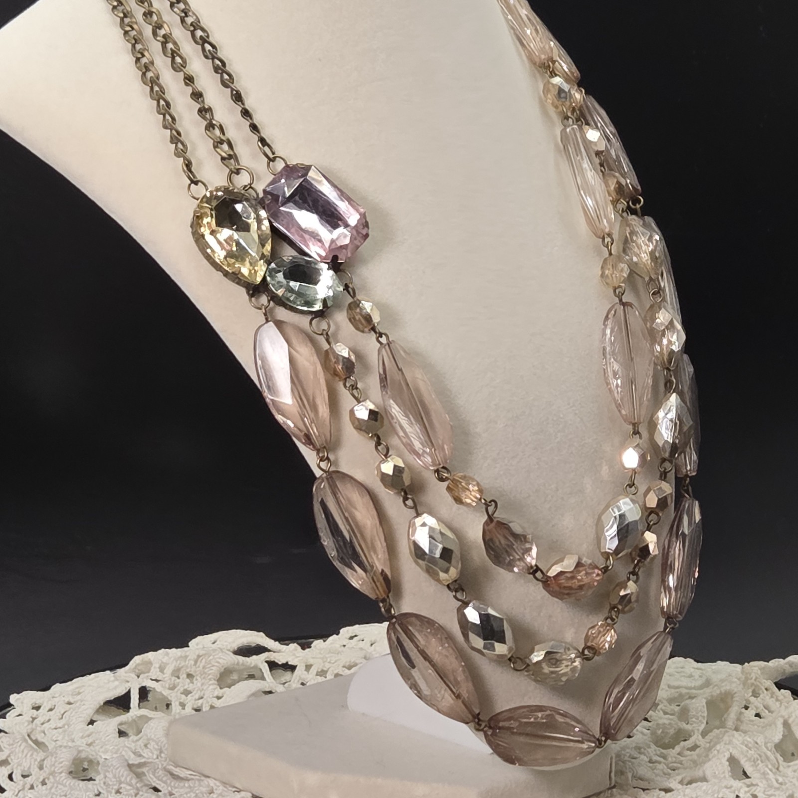 Fabulous Vintage Faceted Lucite Multistrand Statement Necklace Pastel Large Gems