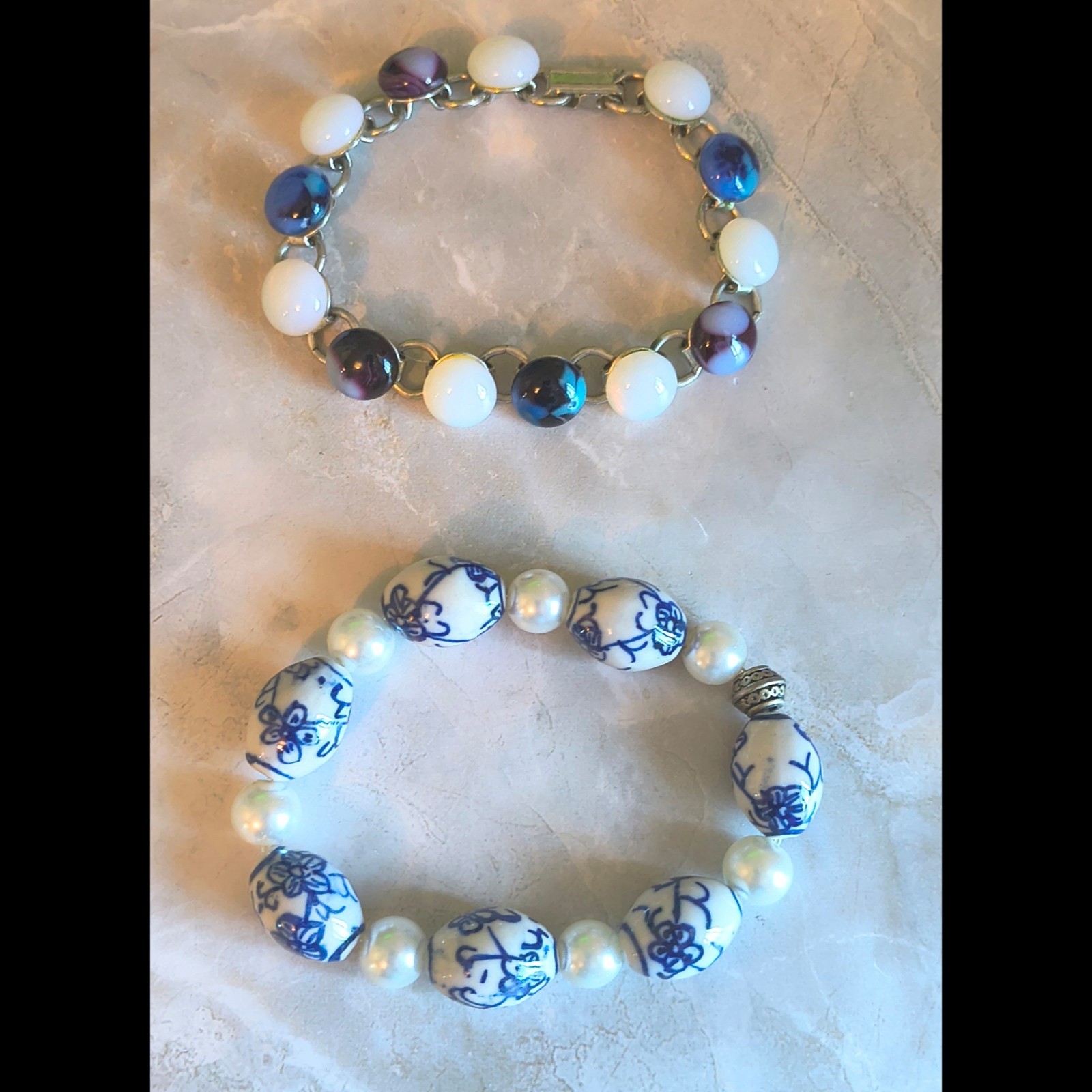 Vintage Blue & White Glass Bead Bracelet Lot