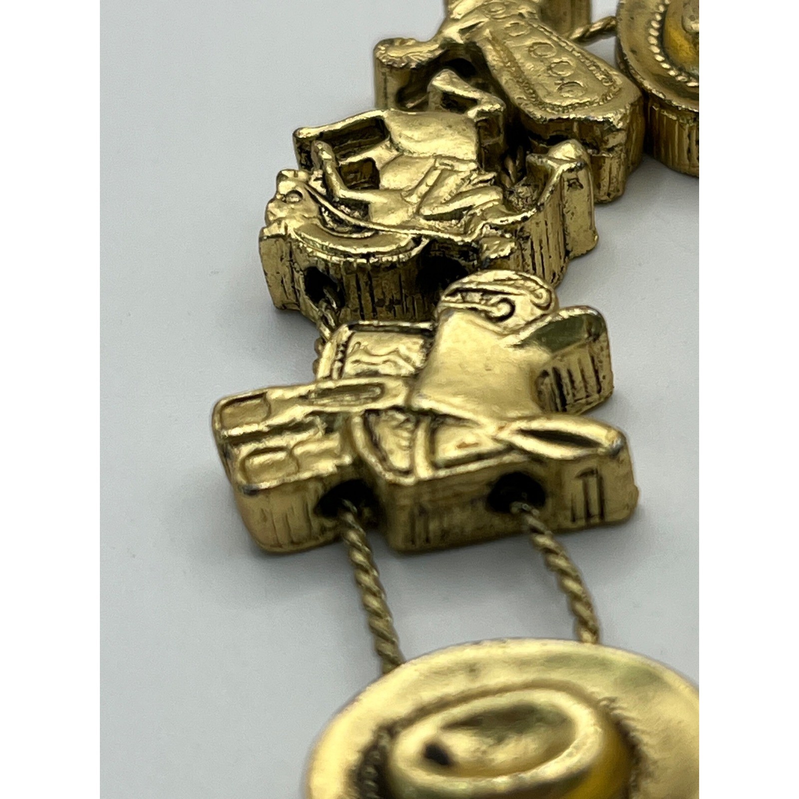 Vintage 1995 BG Western Slide Charm Bracelet Gold Tone Cowboy Boot Hat Wagon